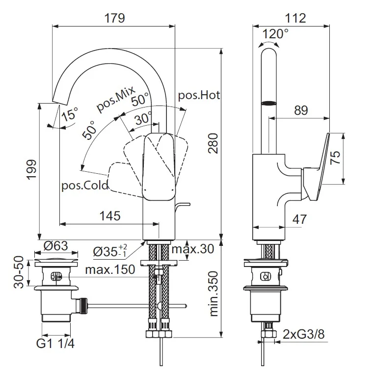 Rysunek techniczny baterii umywalkowej z wymiarami, Ideal Standard