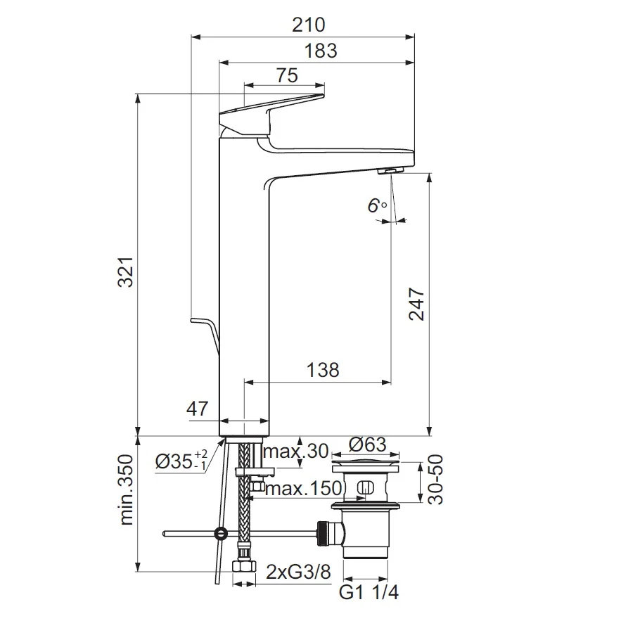 Rysunek techniczny baterii umywalkowej z wymiarami, Ideal Standard