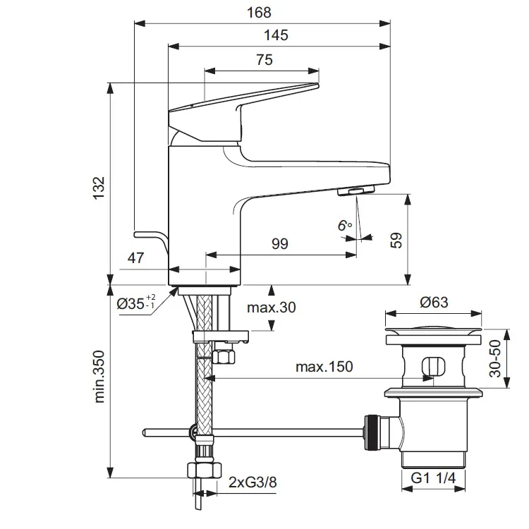 Rysunek techniczny baterii umywalkowej z wymiarami, Ideal Standard