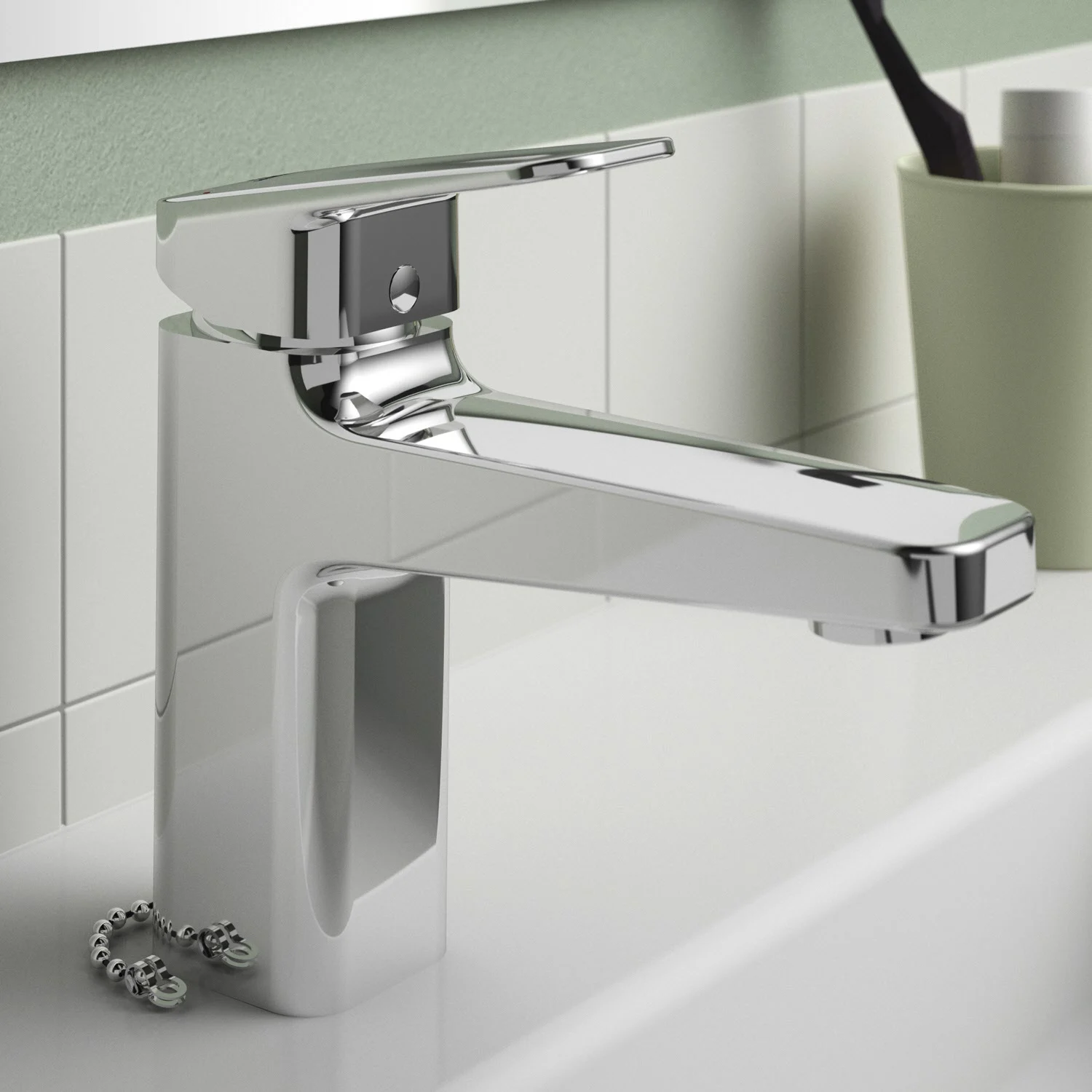 Chromowana bateria umywalkowa zbliżenie w łazience, Ideal Standard