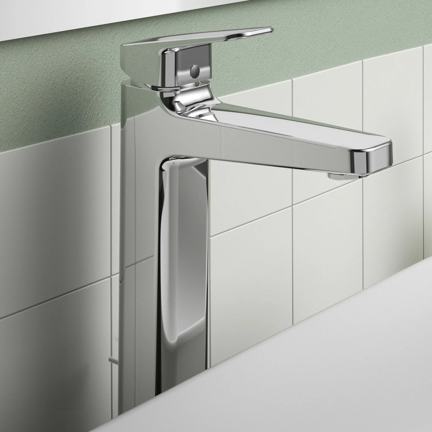 Chromowana bateria umywalkowa na ścianie z kafelkami, Ideal Standard