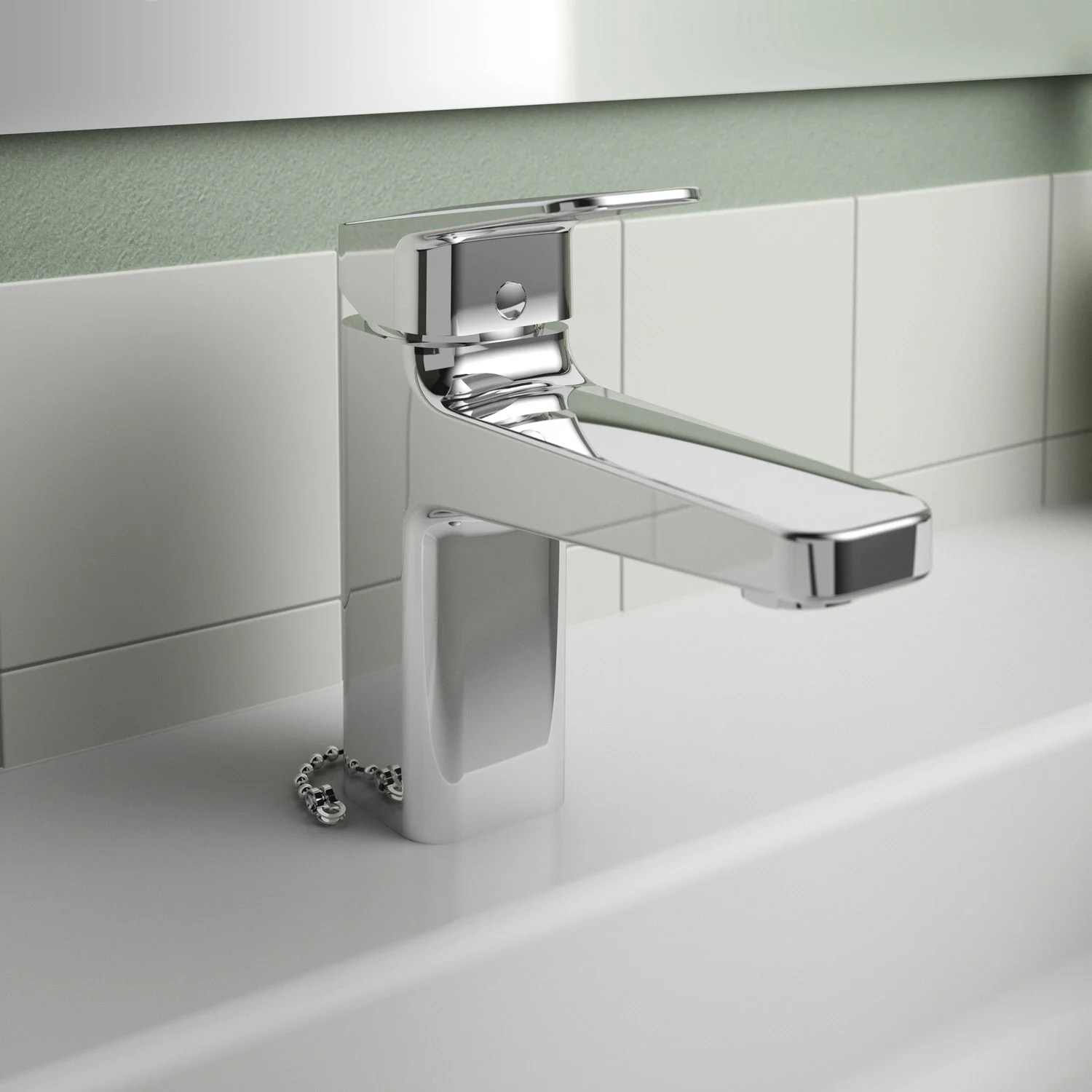 Chromowana bateria umywalkowa z łańcuchem w łazience, Ideal Standard