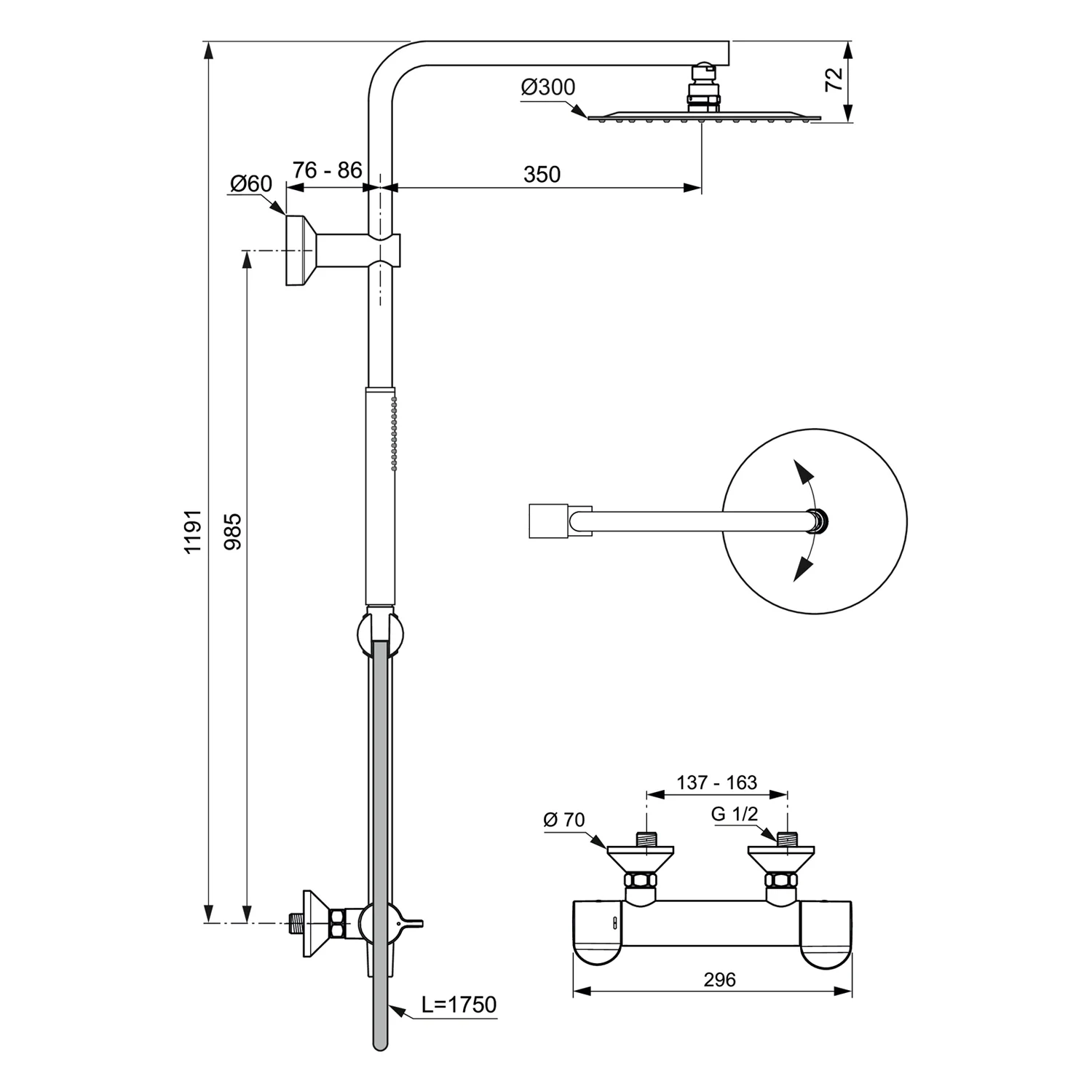 Rysunek techniczny armatury prysznicowej z wymiarami, Ideal Standard
