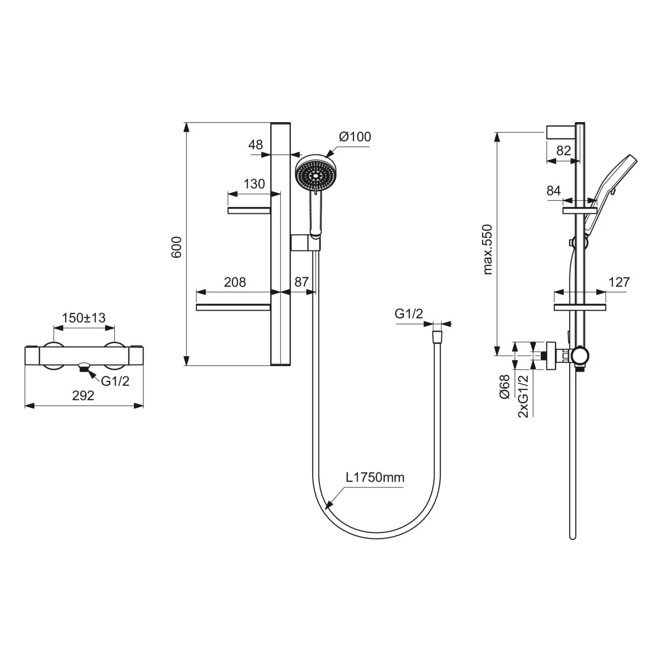 Rysunek techniczny armatury prysznicowej z wymiarami, Ideal Standard