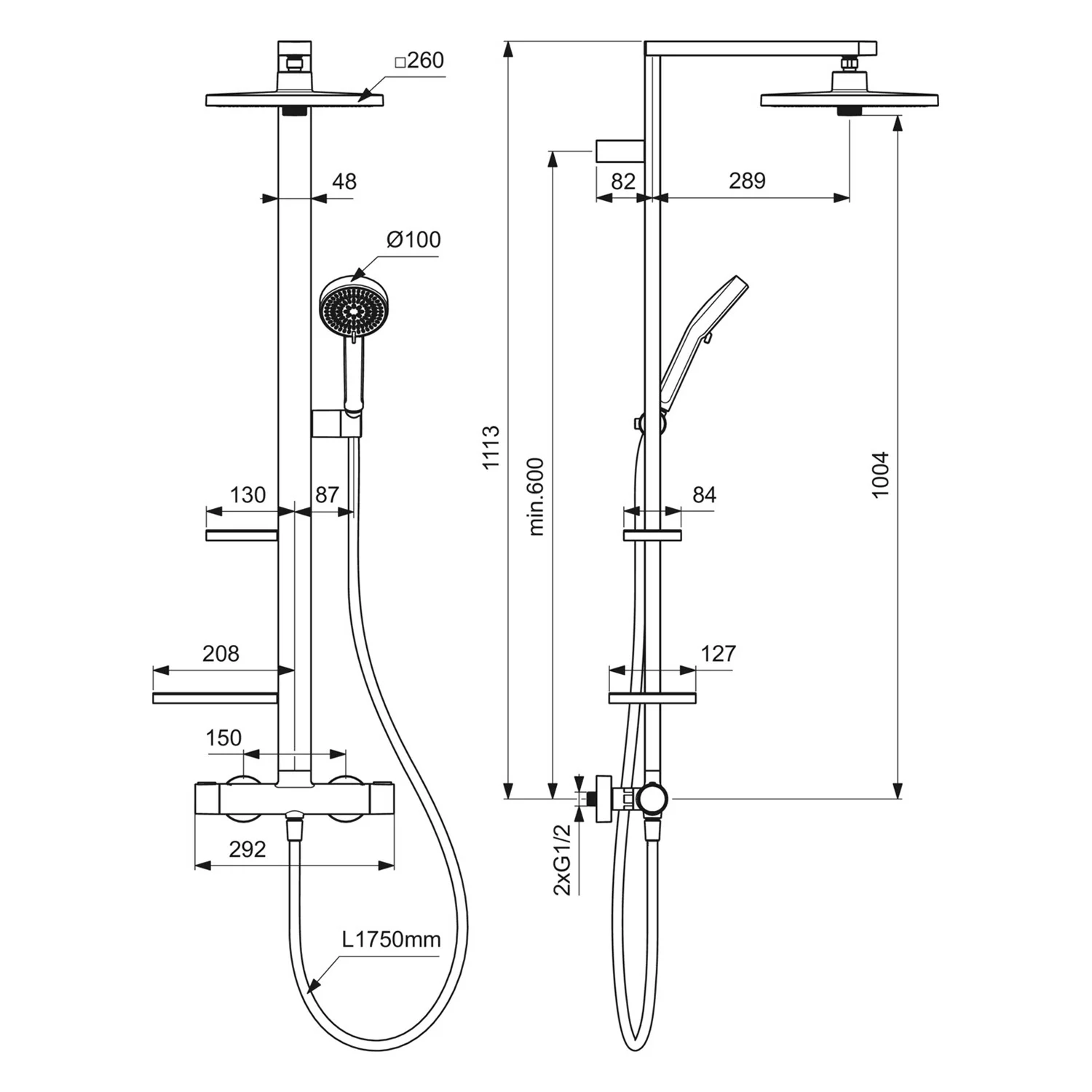 Rysunek techniczny systemu prysznicowego z wymiarami, Ideal Standard
