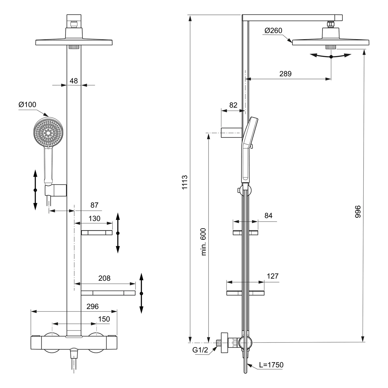 Rysunek techniczny systemu prysznicowego z wymiarami, Ideal Standard