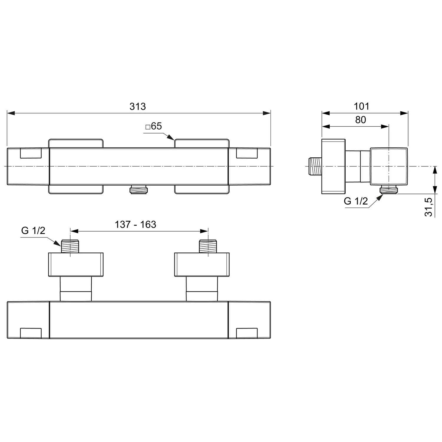 Rysunek techniczny baterii prysznicowej z wymiarami, Ideal Standard
