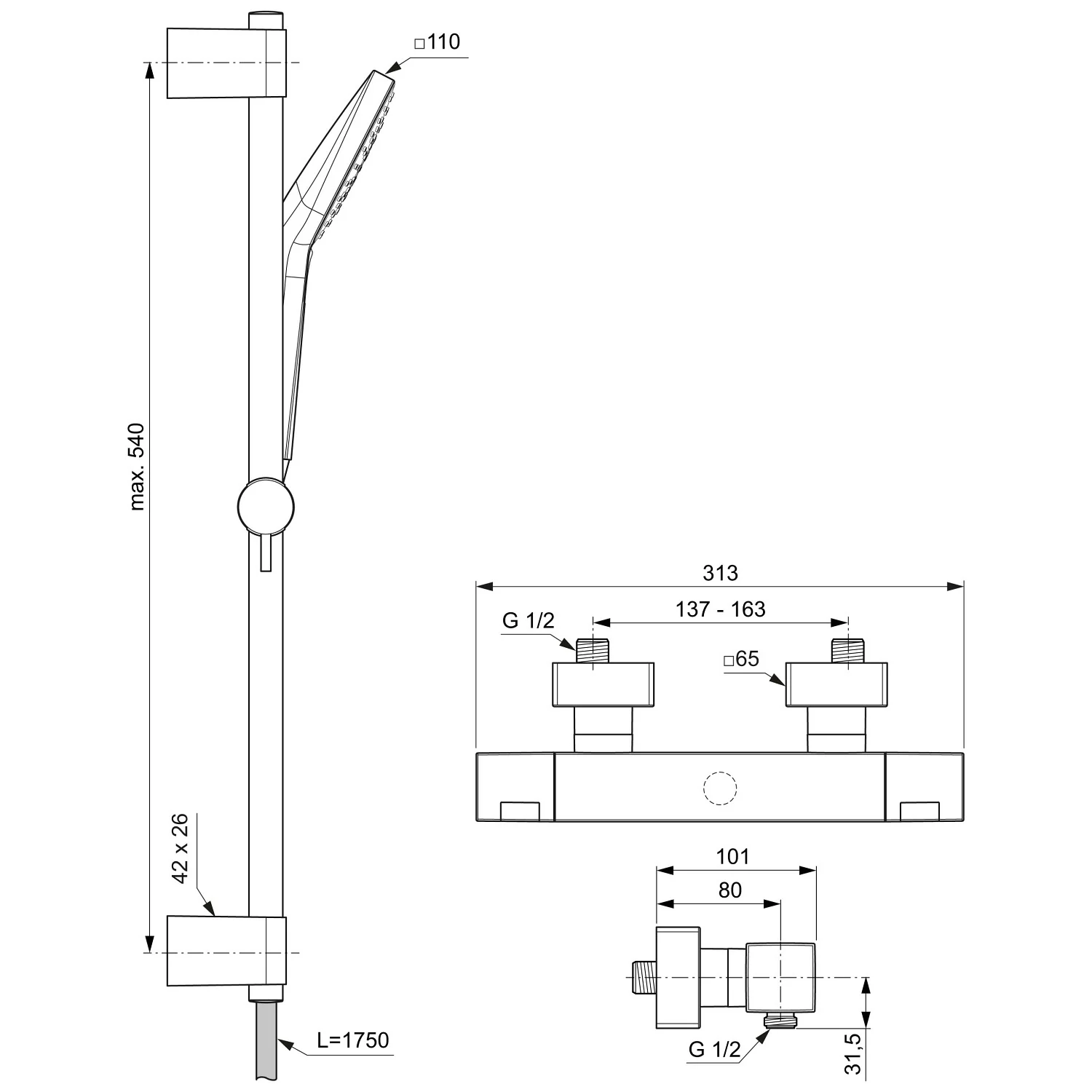 Rysunek techniczny systemu prysznicowego z wymiarami, Ideal Standard
