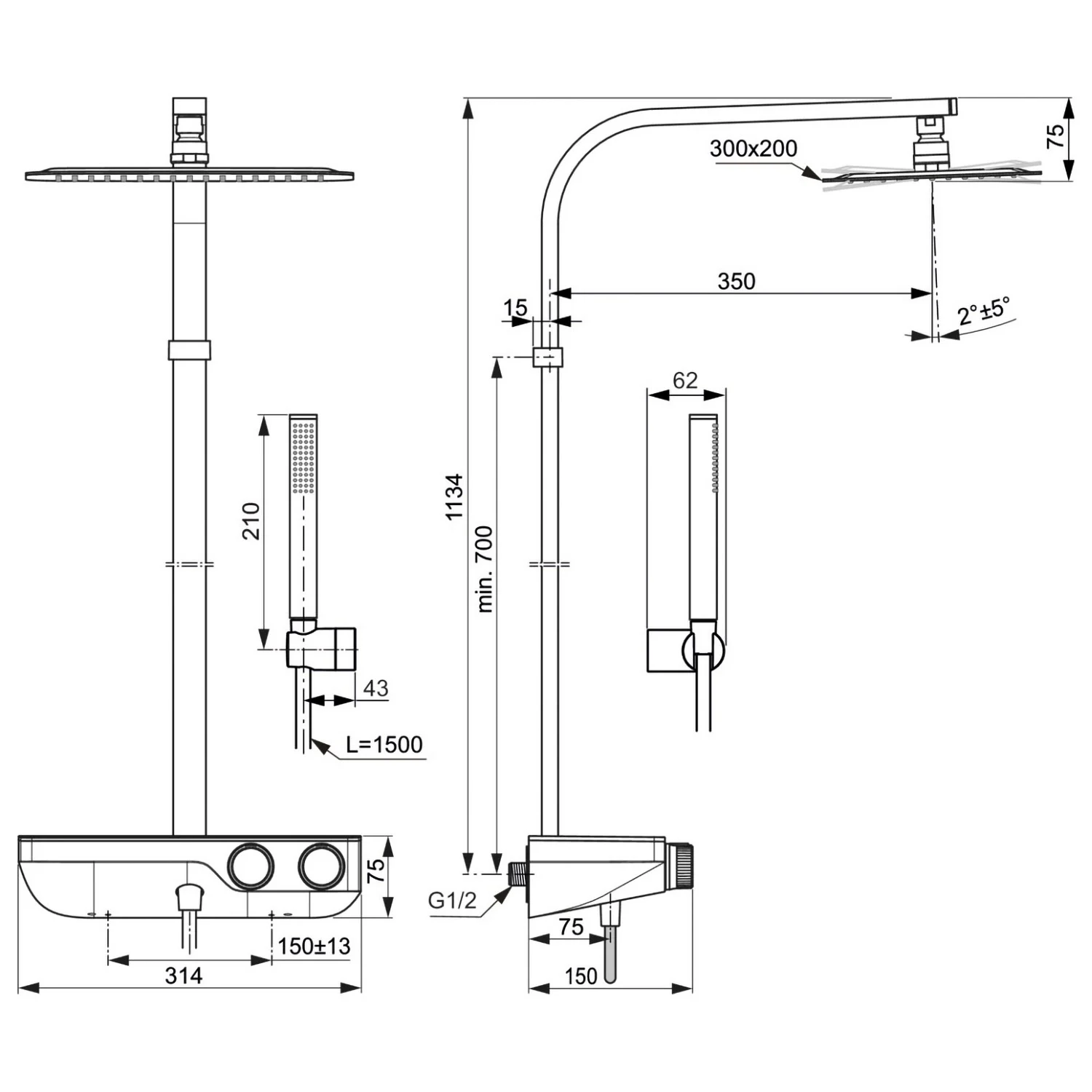 Rysunek techniczny systemu prysznicowego, Ideal Standard