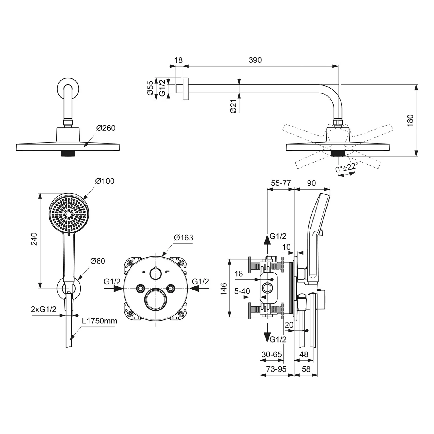 Rysunek techniczny baterii prysznicowej z wymiarami, Ideal Standard