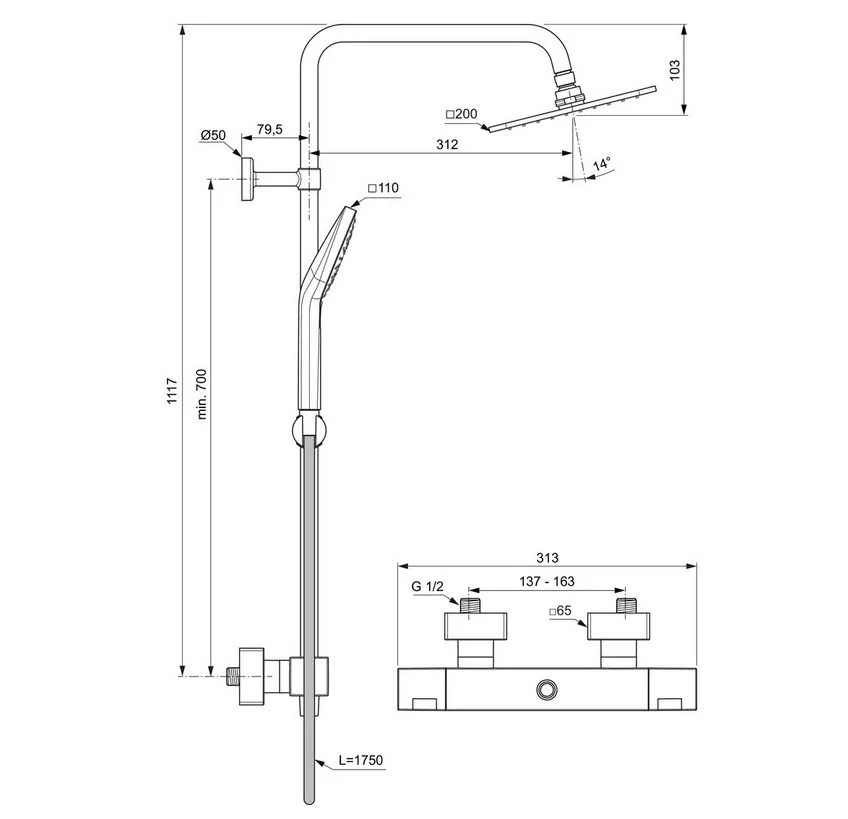 Rysunek techniczny systemu prysznicowego z wymiarami, Ideal Standard