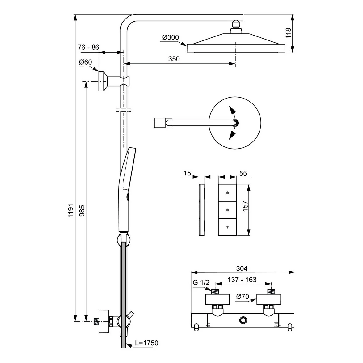 Rysunek techniczny baterii prysznicowej z wymiarami, Ideal Standard