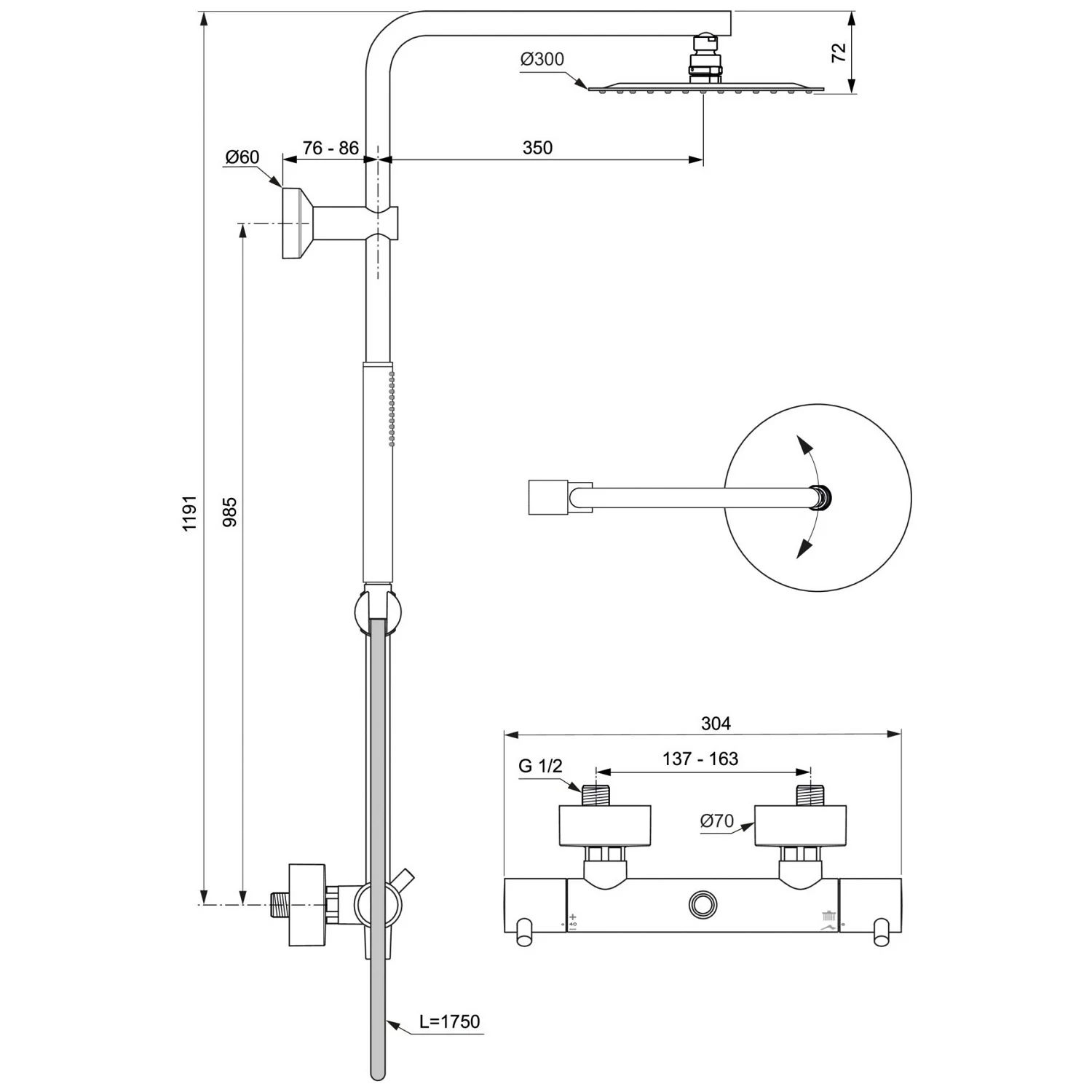 Rysunek techniczny systemu prysznicowego z wymiarami, Ideal Standard