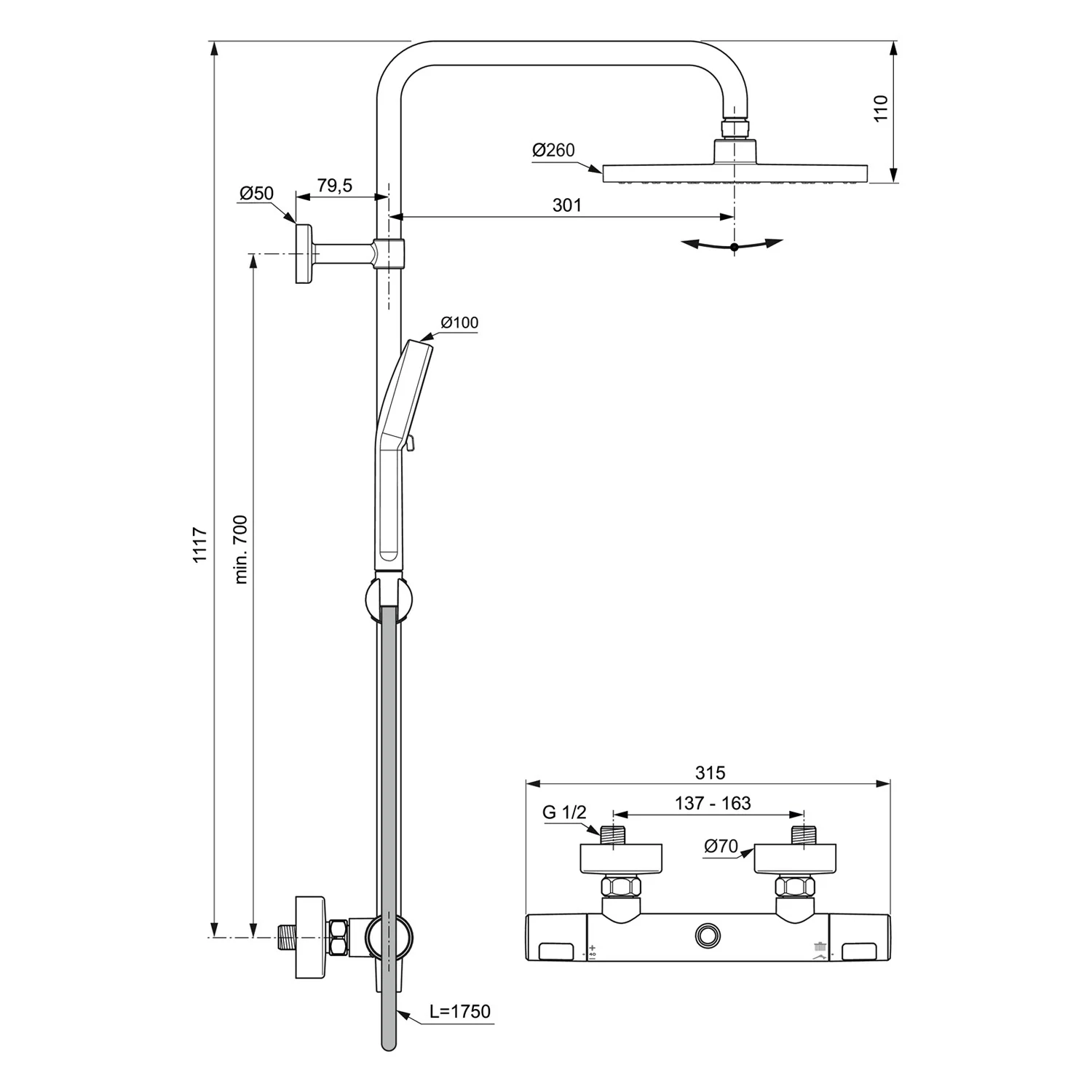 Rysunek techniczny baterii prysznicowej z wymiarami, Ideal Standard