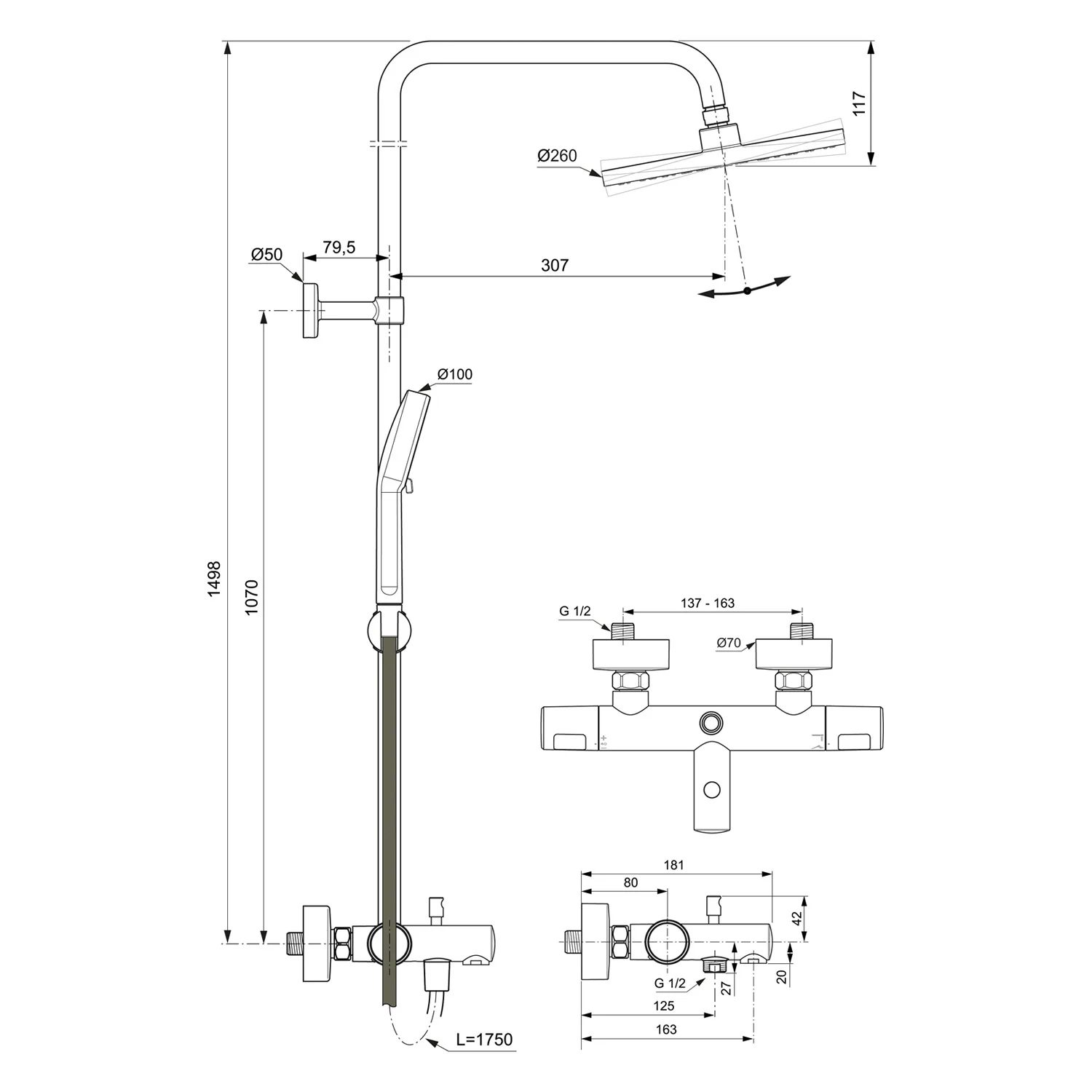 Rysunek techniczny baterii prysznicowej z wymiarami, Ideal Standard