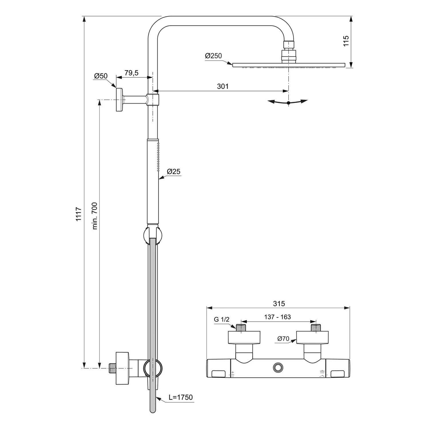 Rysunek techniczny baterii prysznicowej z wymiarami, Ideal Standard