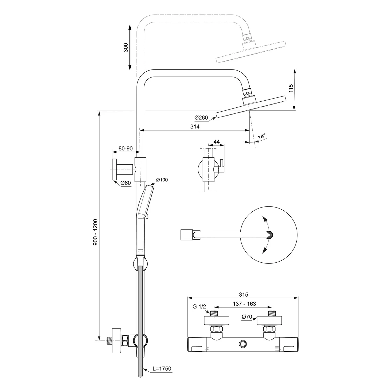 Rysunek techniczny baterii prysznicowej z wymiarami, Ideal Standard