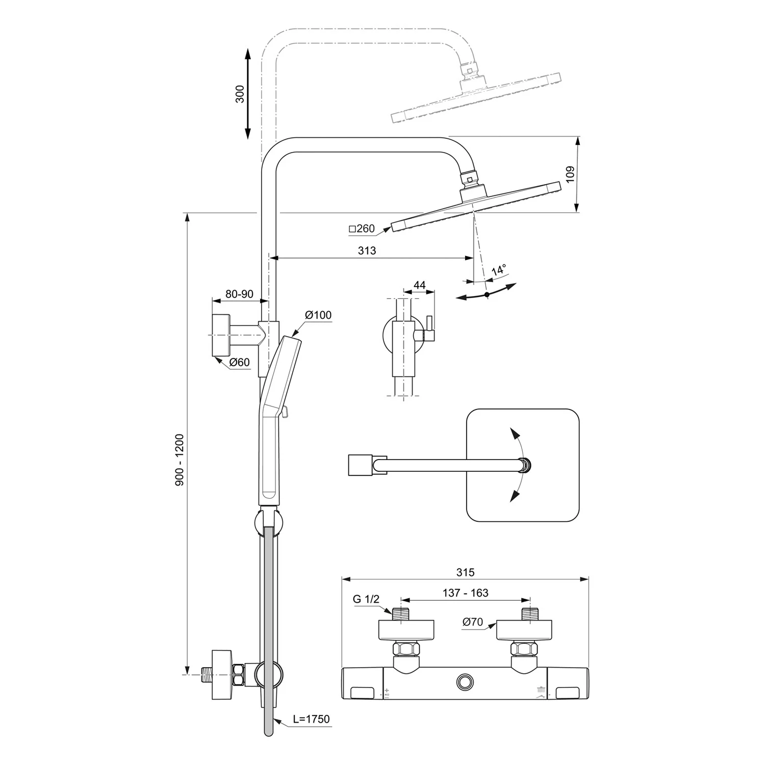 Rysunek techniczny armatury prysznicowej z wymiarami, Ideal Standard