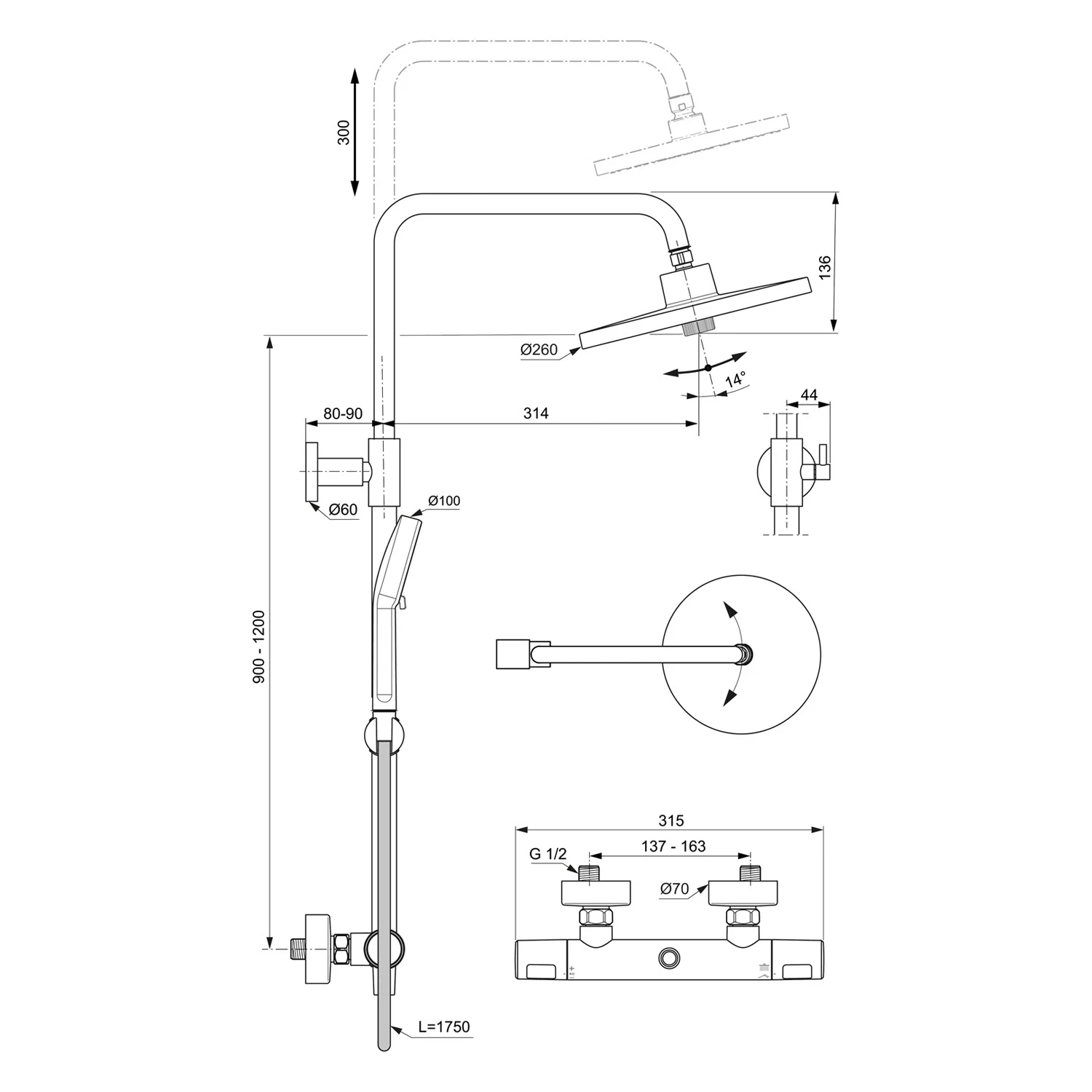 Rysunek techniczny armatury prysznicowej z wymiarami, Ideal Standard