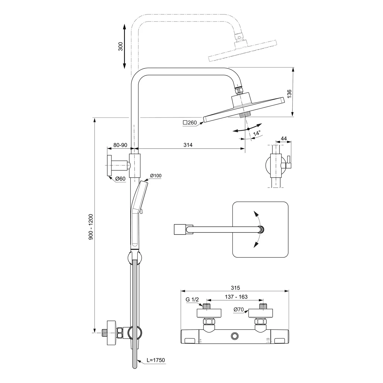 Rysunek techniczny armatury prysznicowej z wymiarami, Ideal Standard