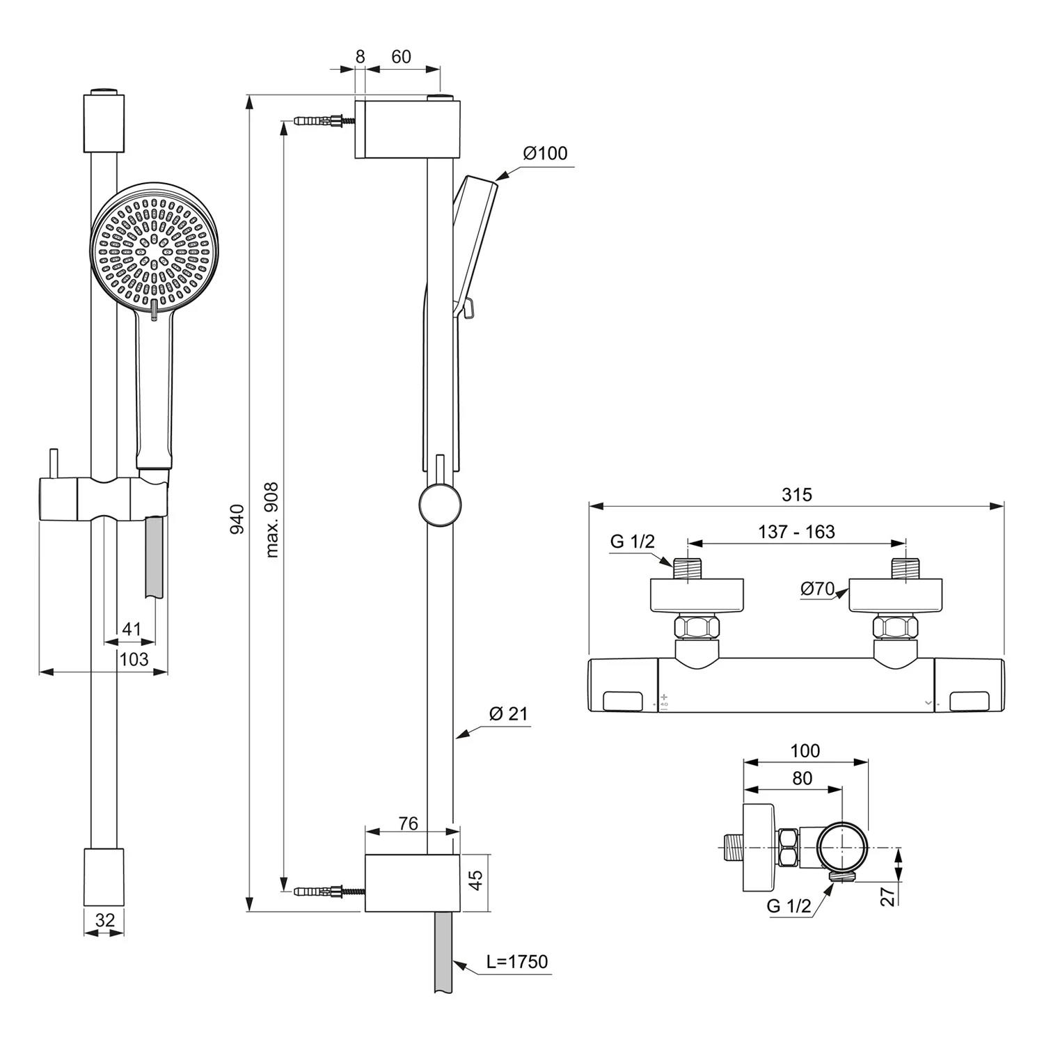 Rysunek techniczny armatury prysznicowej z wymiarami, Ideal Standard