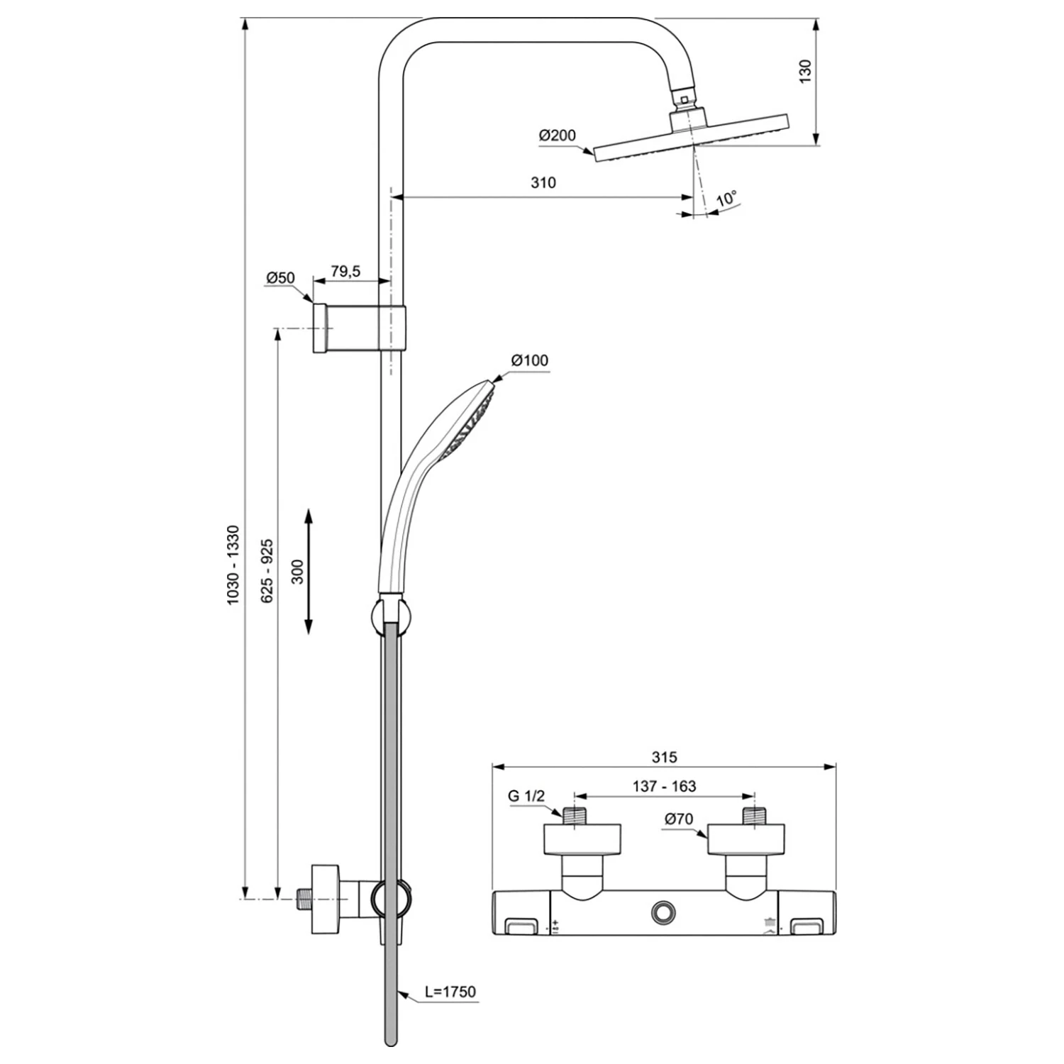 Rysunek techniczny armatury prysznicowej, Ideal Standard