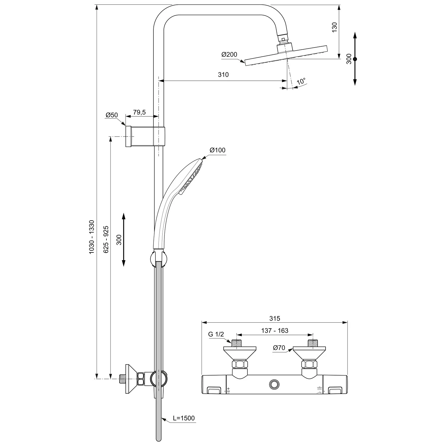 Rysunek techniczny baterii prysznicowej z wymiarami, Ideal Standard