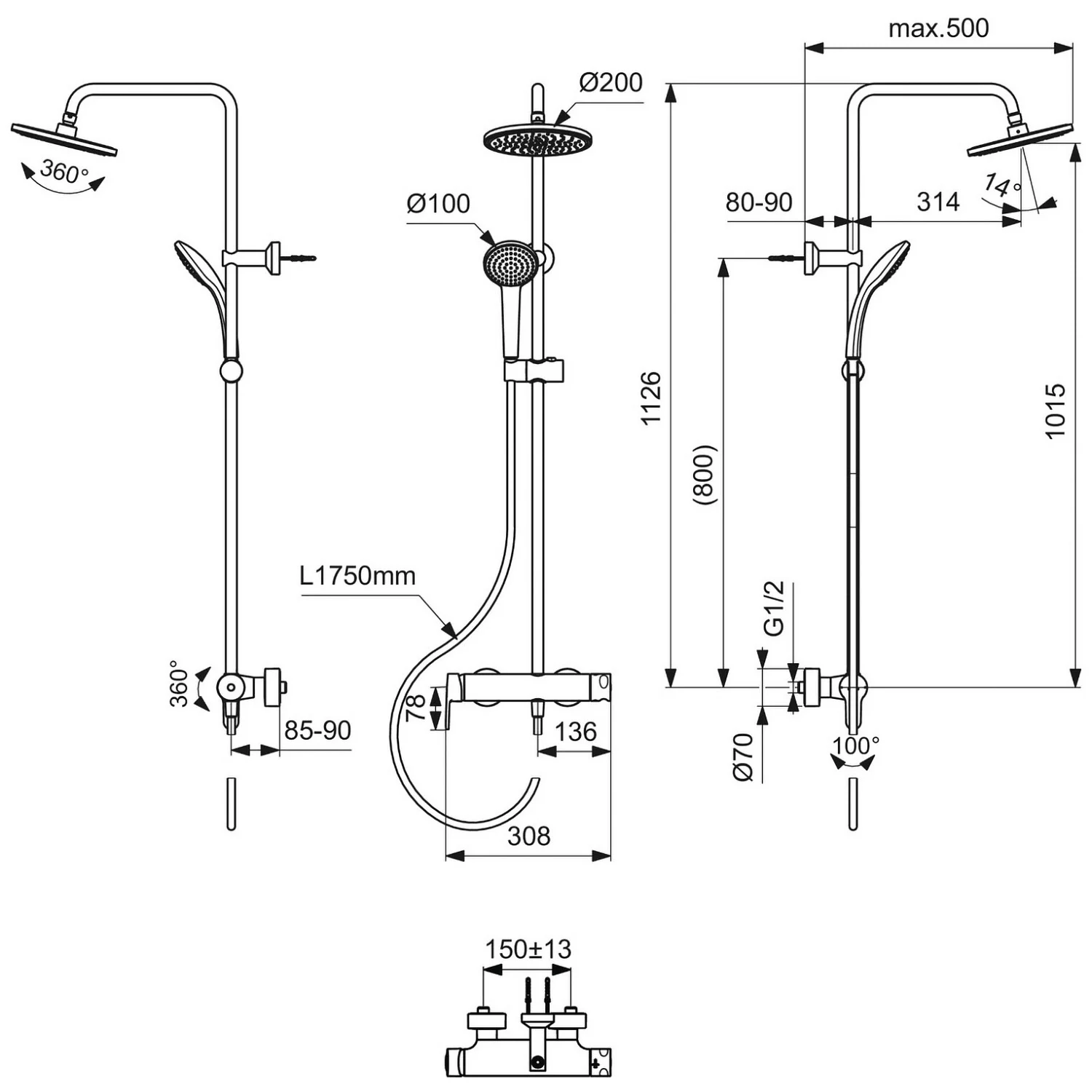 Rysunek techniczny baterii prysznicowej z wymiarami, Ideal Standard