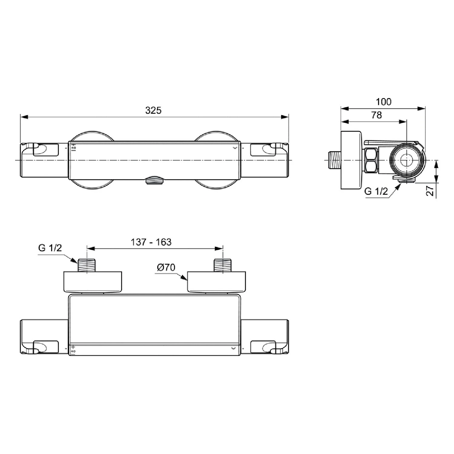 Rysunek techniczny baterii prysznicowej z wymiarami, Ideal Standard