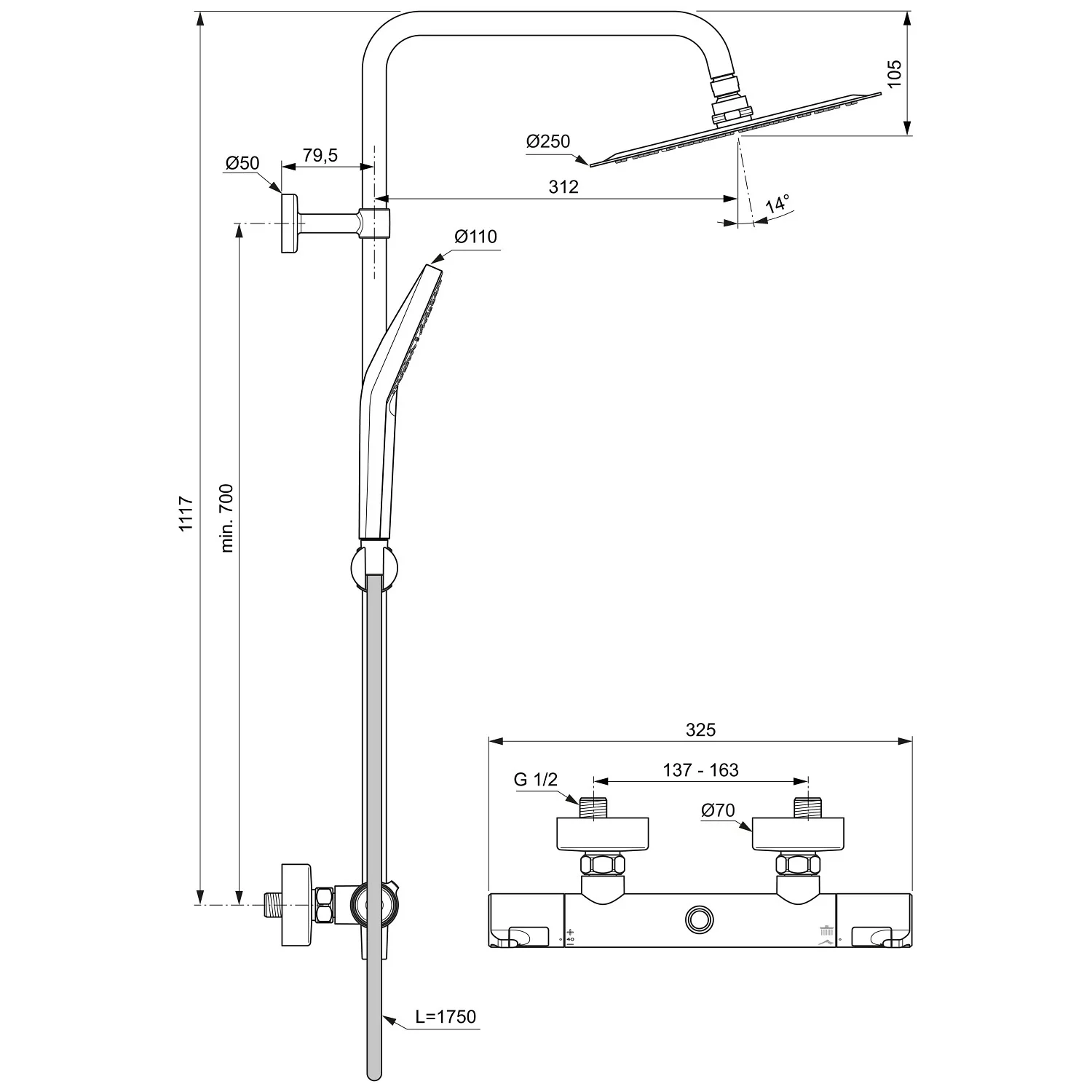 Rysunek techniczny systemu prysznicowego z wymiarami, Ideal Standard