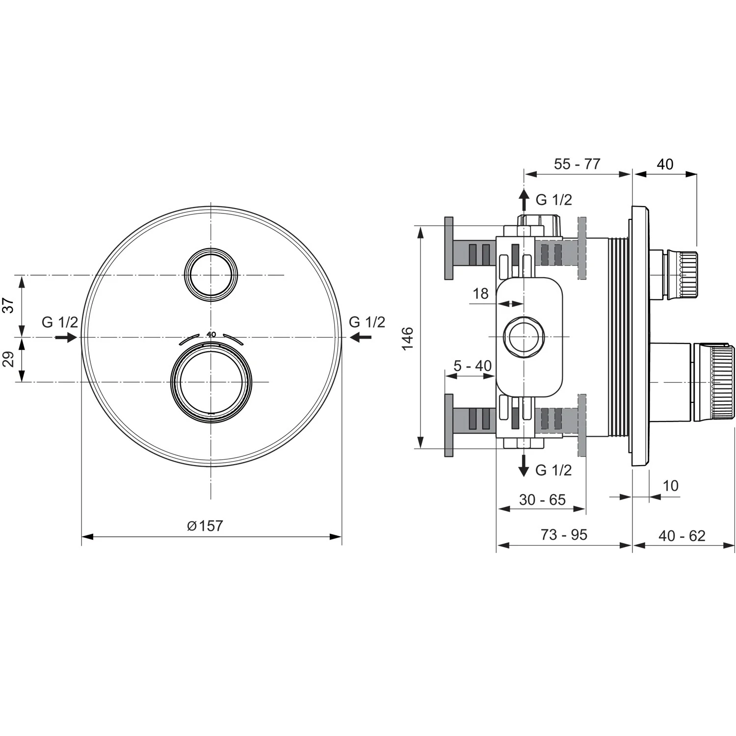 Rysunek techniczny termostatu prysznicowego z wymiarami, Ideal Standard