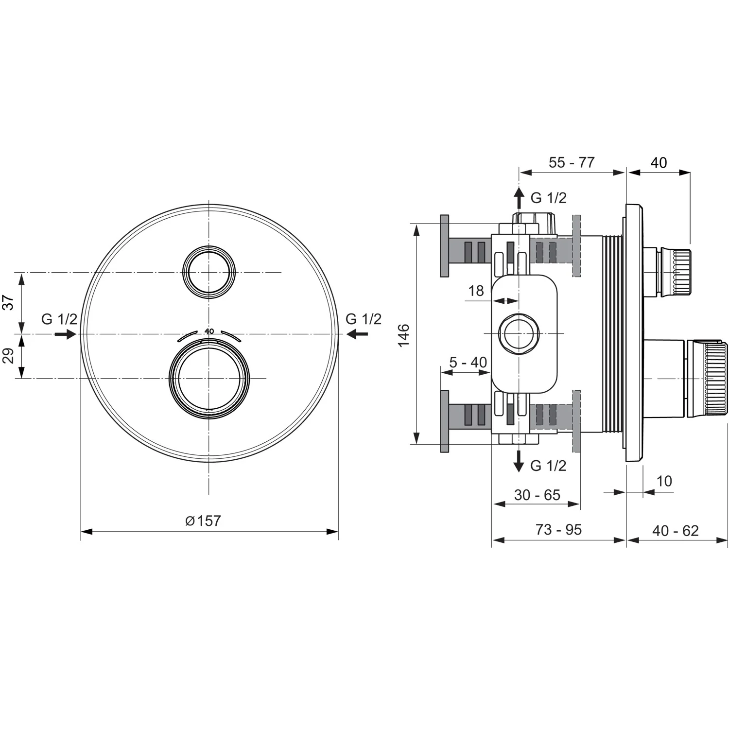 Rysunek techniczny termostatu prysznicowego z wymiarami, Ideal Standard