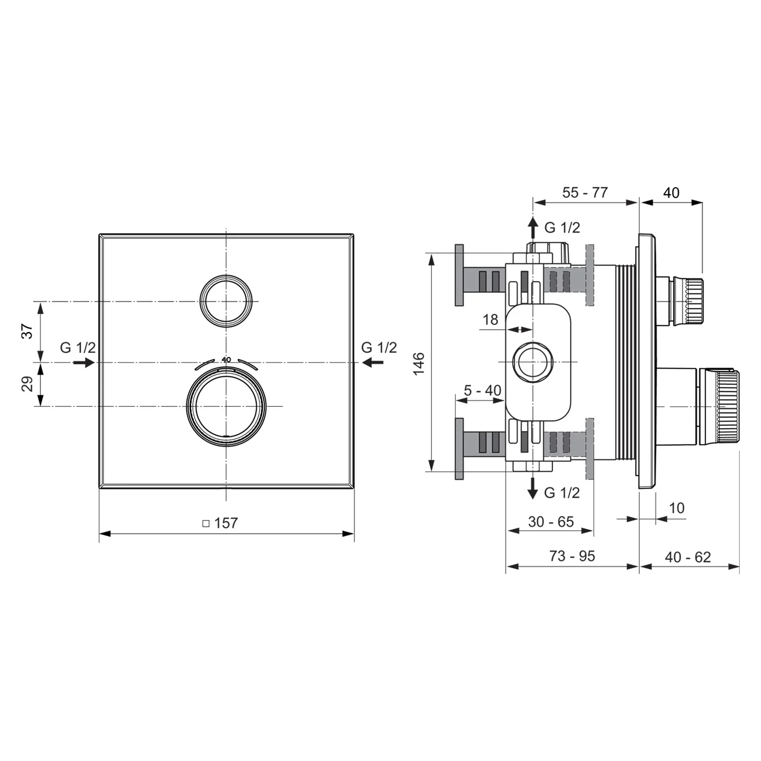 Rysunek techniczny termostatu prysznicowego z wymiarami, Ideal Standard