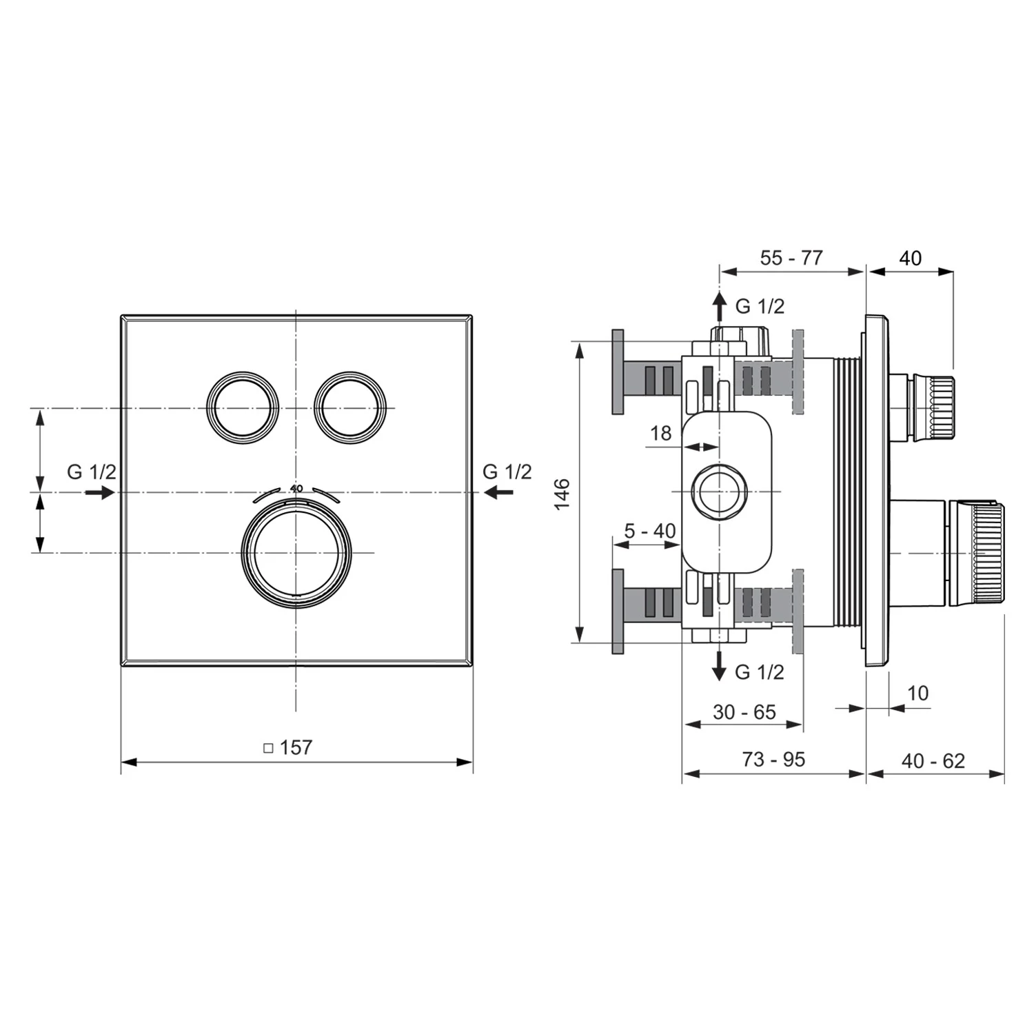 Rysunek techniczny termostatu prysznicowego z wymiarami, Ideal Standard