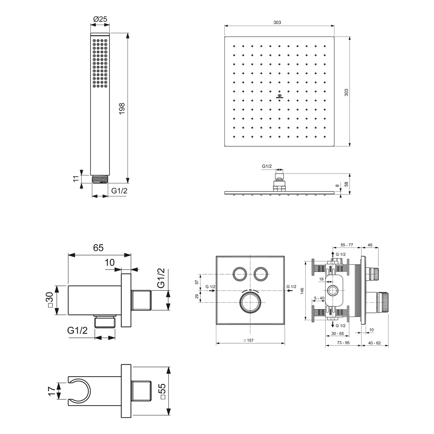 Rysunek techniczny armatury prysznicowej z wymiarami, Ideal Standard