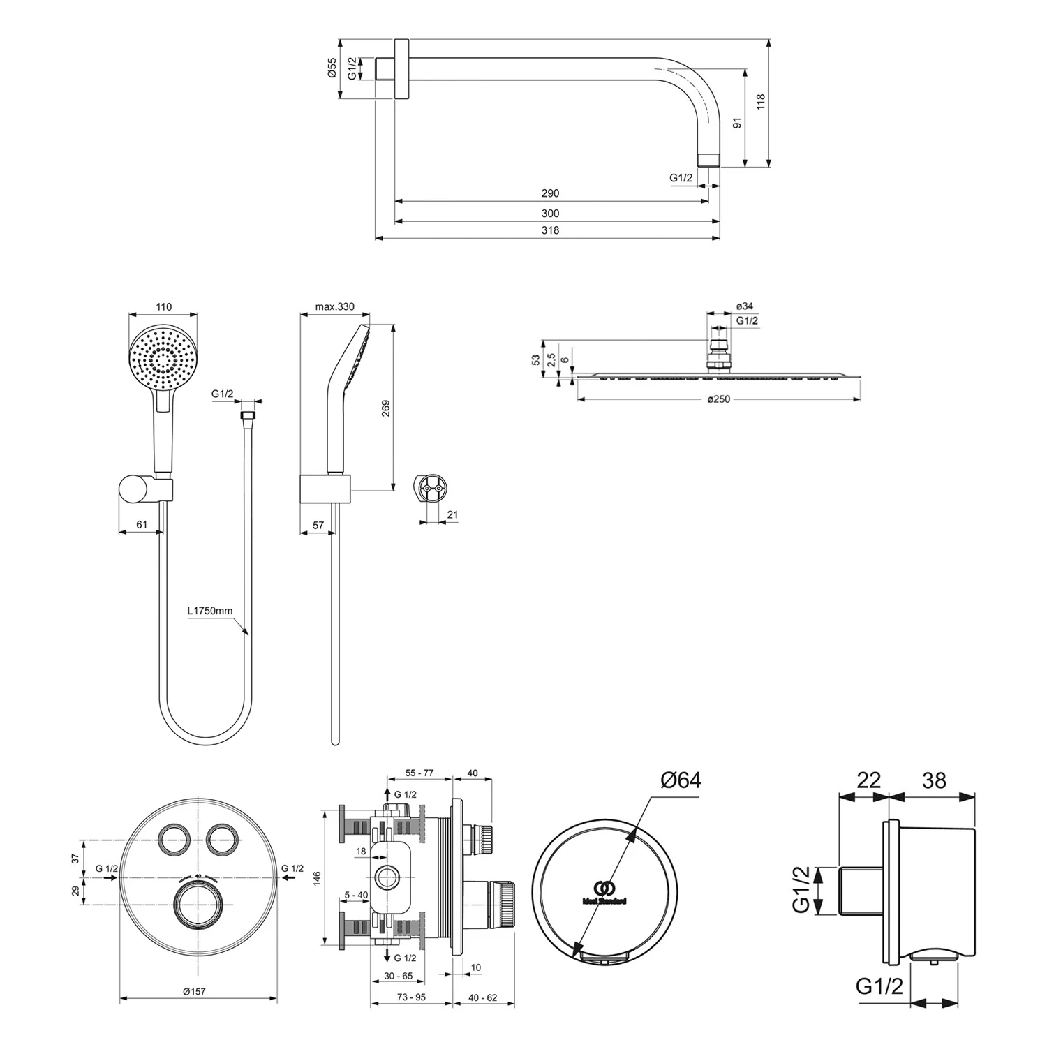 Rysunek techniczny systemu prysznicowego z wymiarami, Ideal Standard
