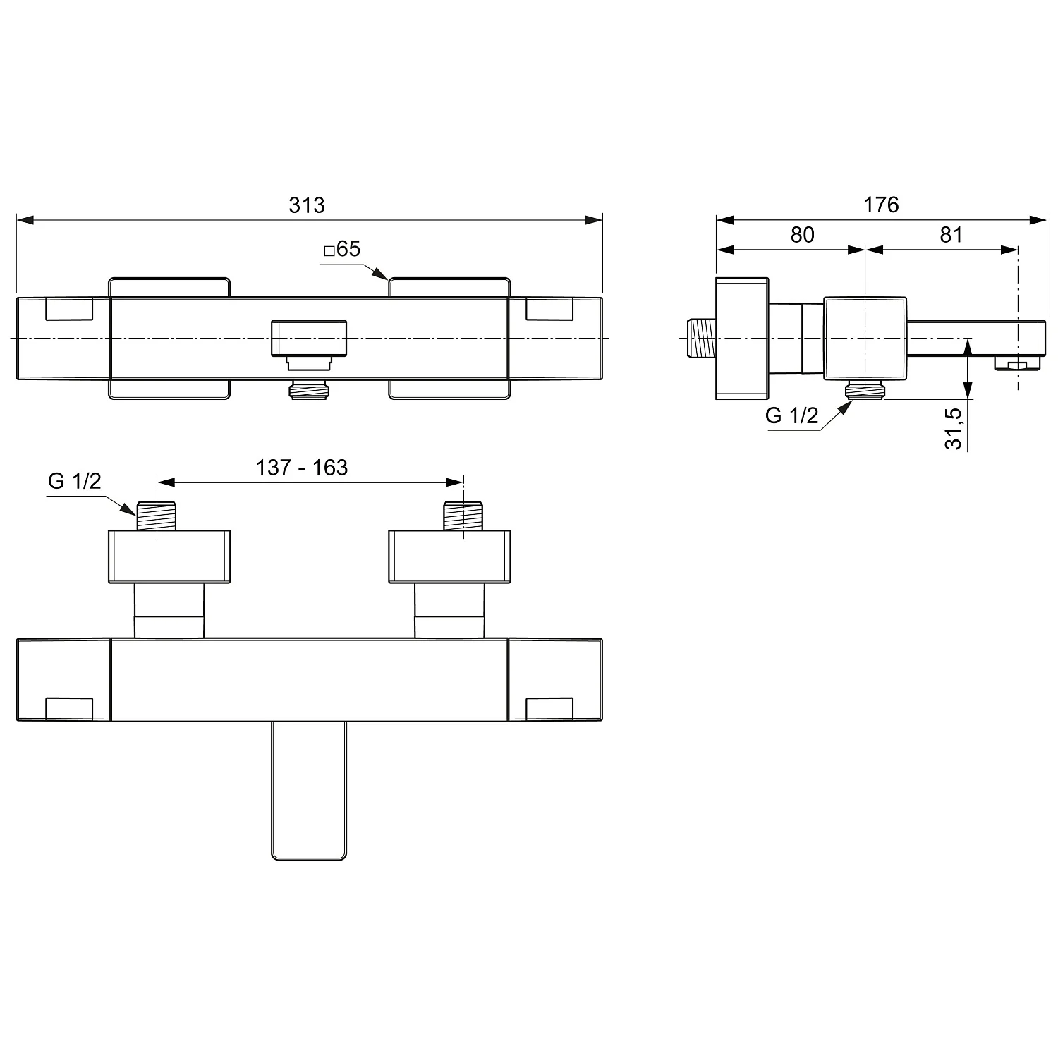 Rysunek techniczny armatury łazienkowej z wymiarami, Ideal Standard