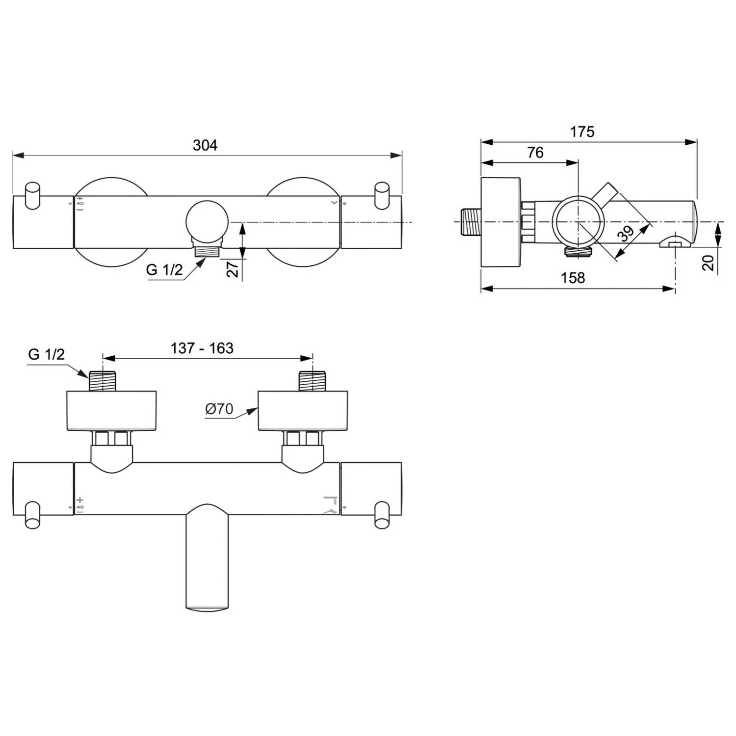 Rysunek techniczny baterii wannowej z wymiarami, Ideal Standard