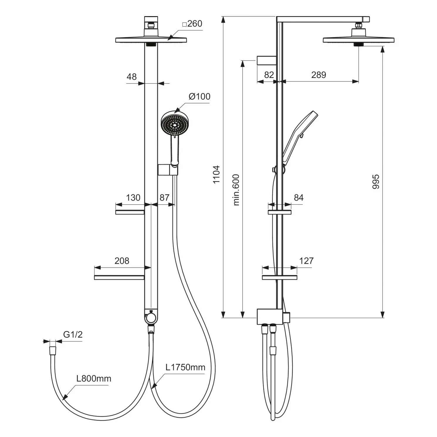 Rysunek techniczny systemu prysznicowego z wymiarami, Ideal Standard