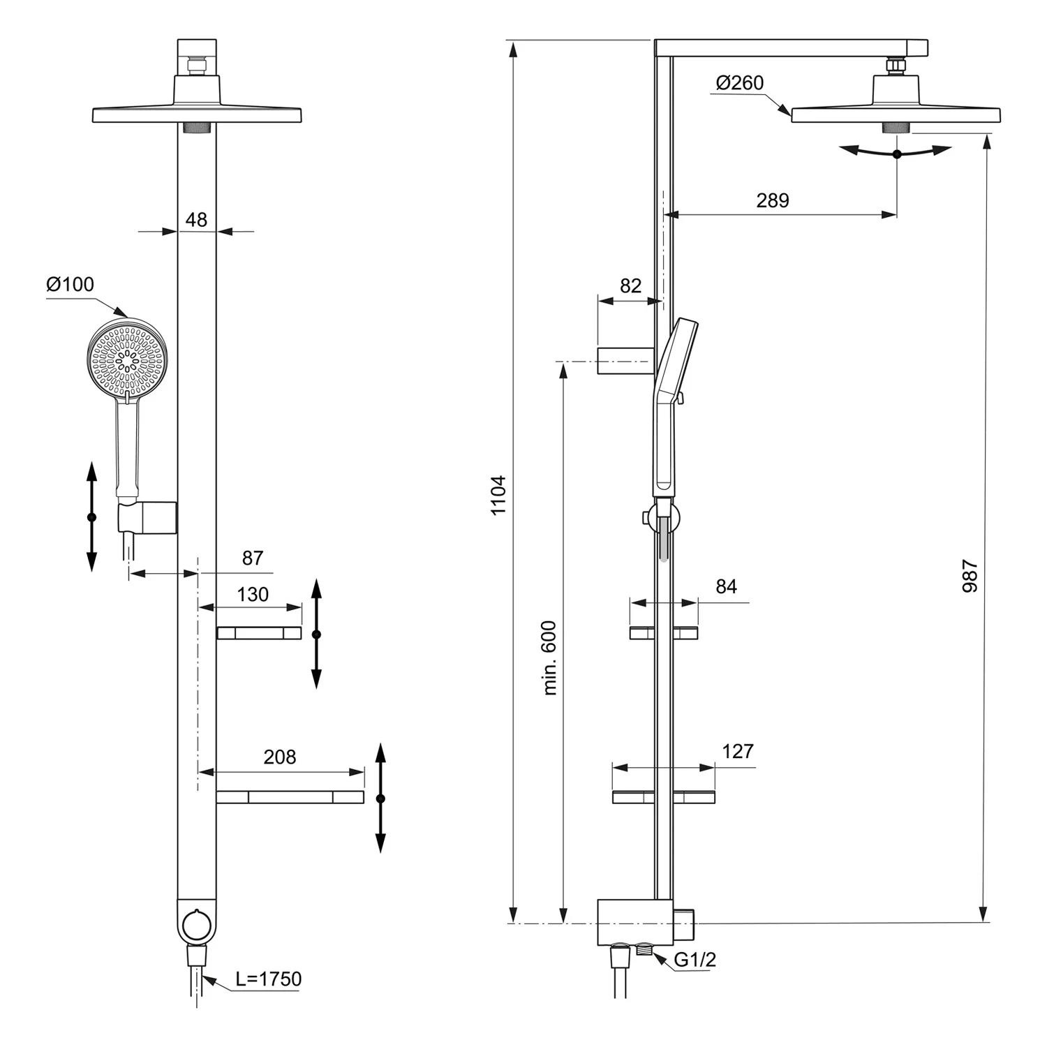Rysunek techniczny systemu prysznicowego z wymiarami, Ideal Standard