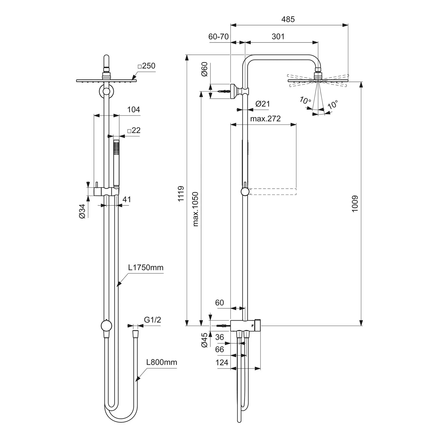 Rysunek techniczny armatury prysznicowej z wymiarami, Ideal Standard