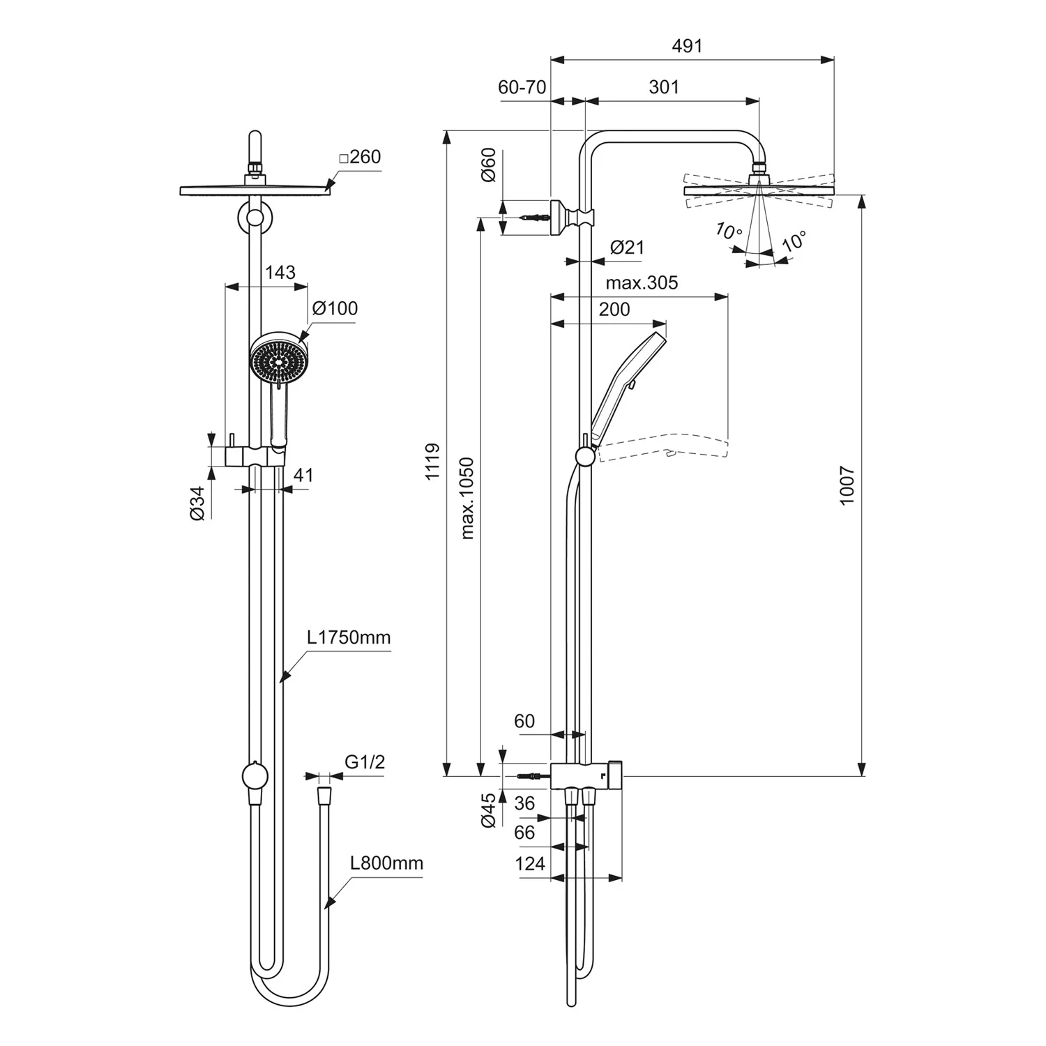 Rysunek techniczny armatury prysznicowej z wymiarami, Ideal Standard