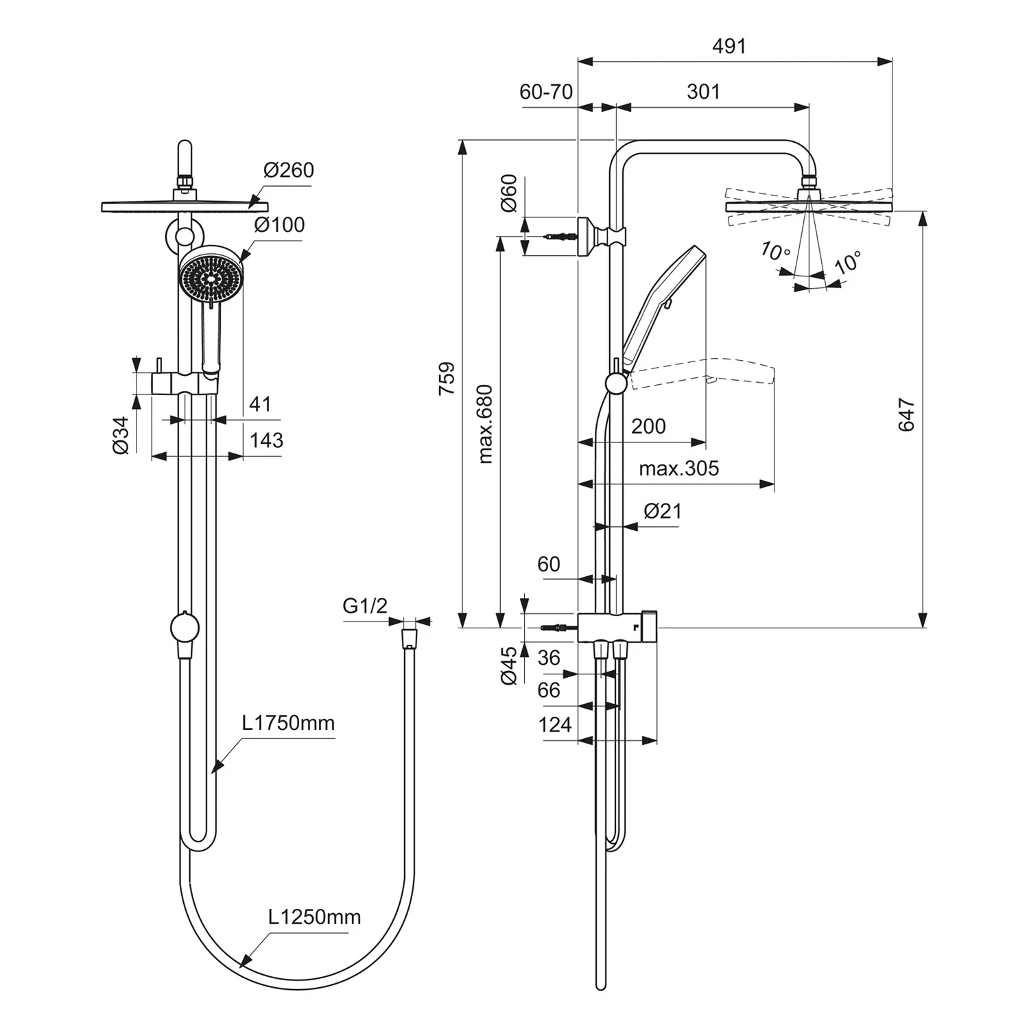 Rysunek techniczny armatury prysznicowej z wymiarami, Ideal Standard