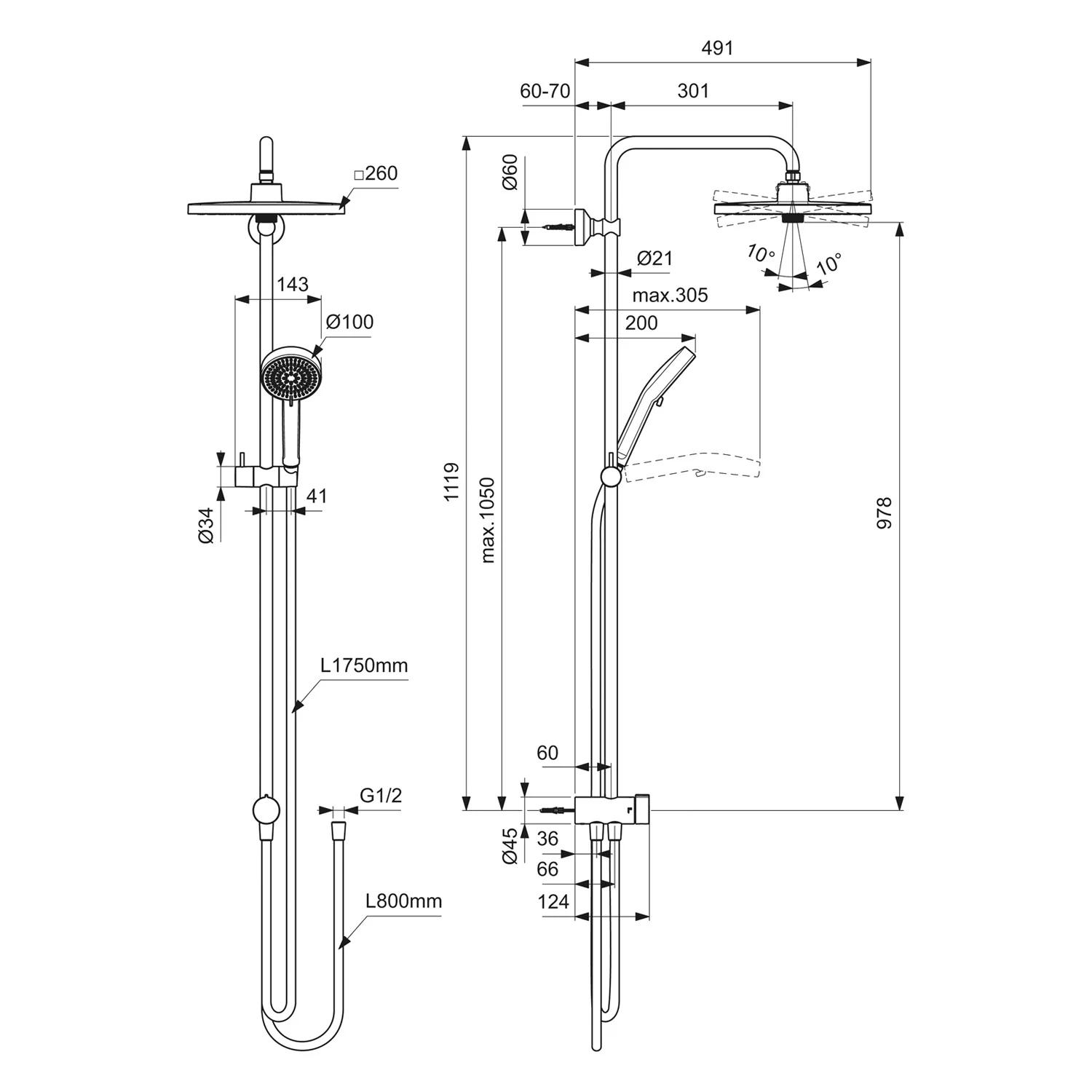 Rysunek techniczny systemu prysznicowego z wymiarami, Ideal Standard