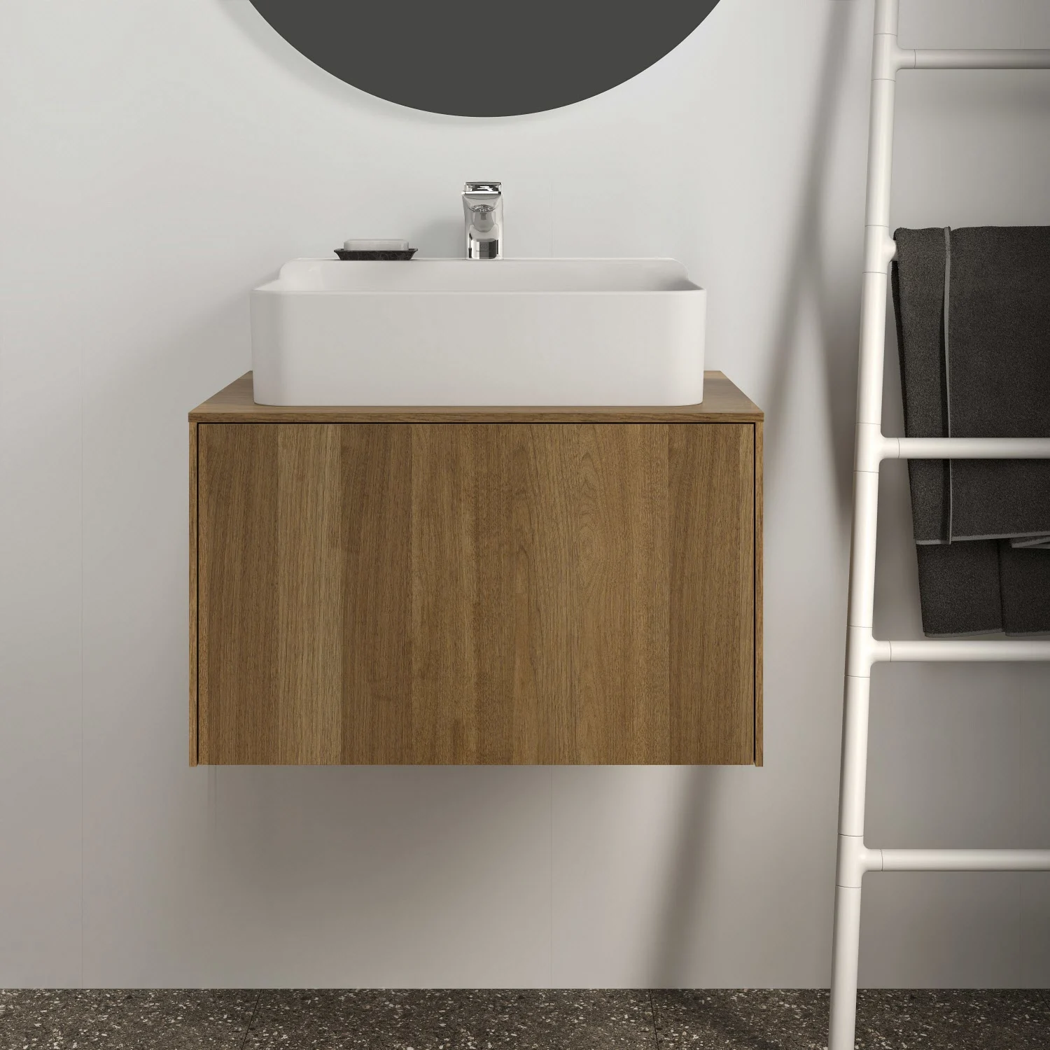 Umywalka z drewnianą szafką i lustrem, Ideal Standard