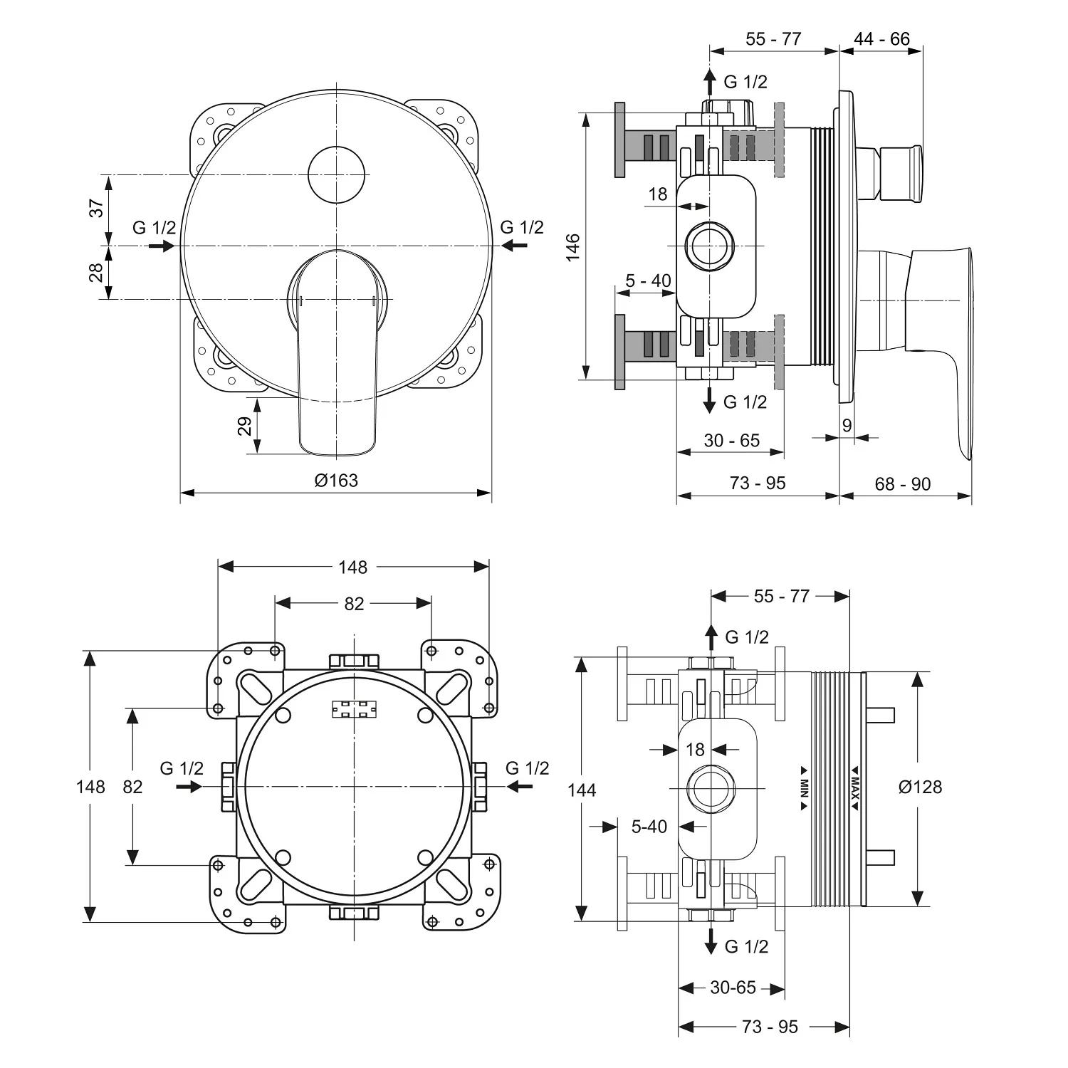 Rysunek techniczny baterii prysznicowej z wymiarami, Ideal Standard