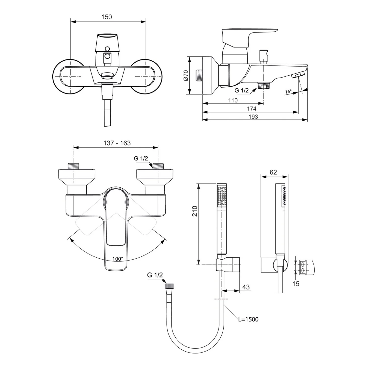 Rysunek techniczny baterii łazienkowej z wymiarami, Ideal Standard