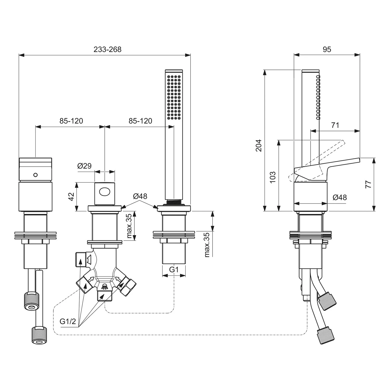 Rysunek techniczny baterii łazienkowej z wymiarami, Ideal Standard