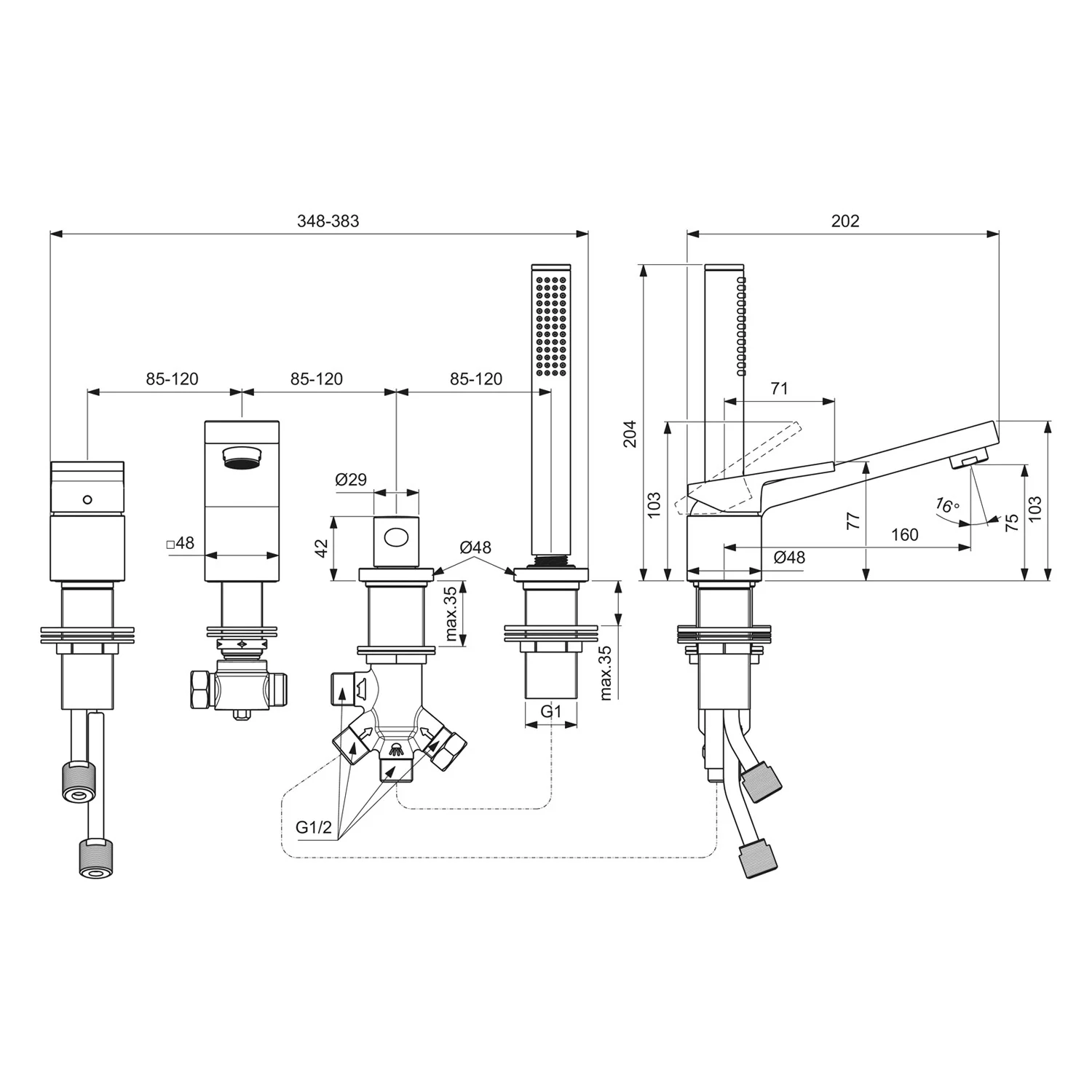 Rysunek techniczny baterii łazienkowej z wymiarami, Ideal Standard