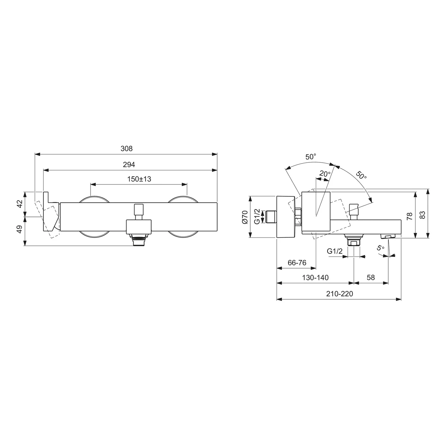 Rysunek techniczny baterii łazienkowej z wymiarami, Ideal Standard